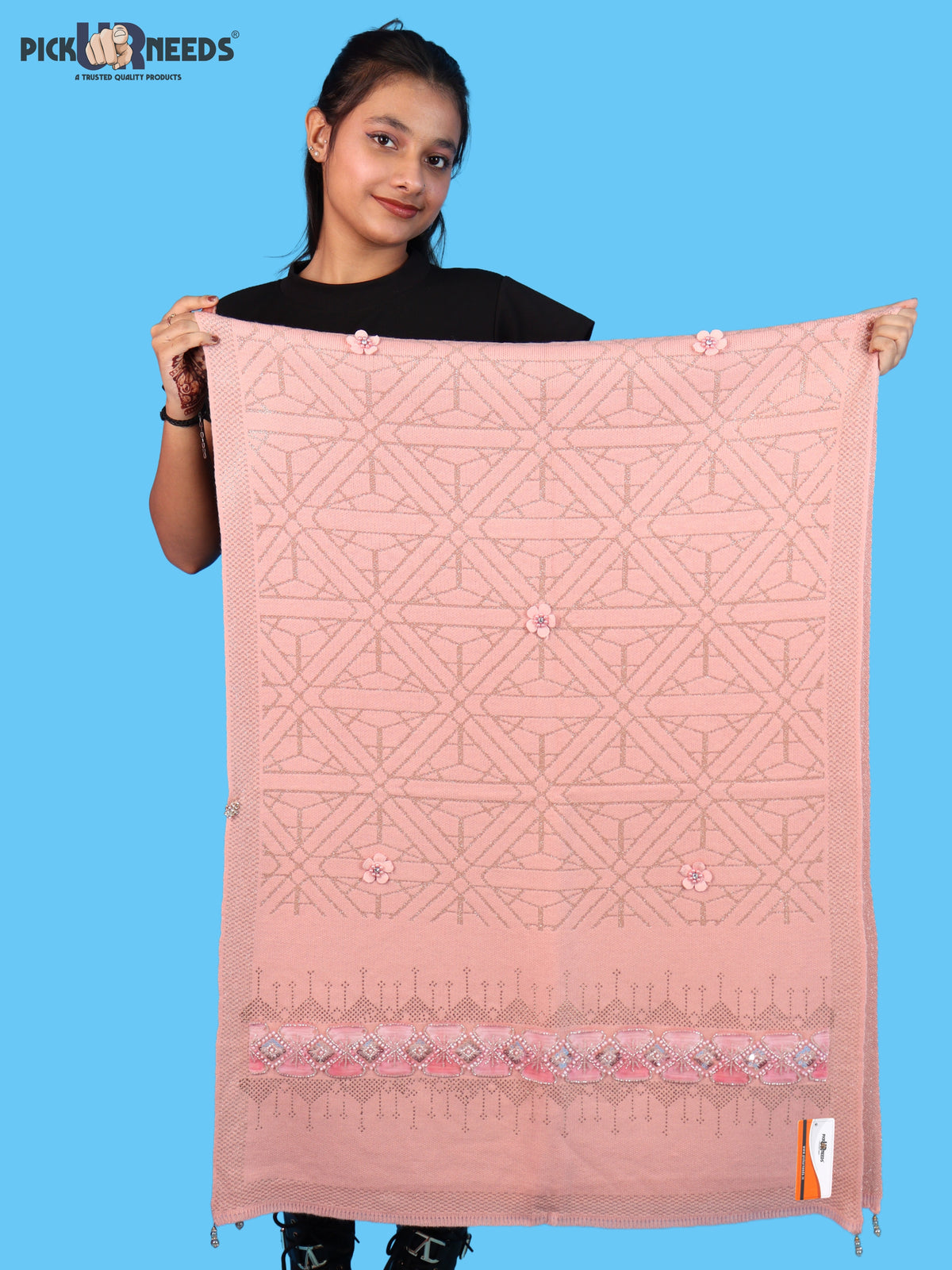 Pick Ur Needs Womens Soft Woolen Winter Girls Shawl with Elegant Geometric Design & Floral Embellishments Lightweight Warm Comfortable Ladies Shawl