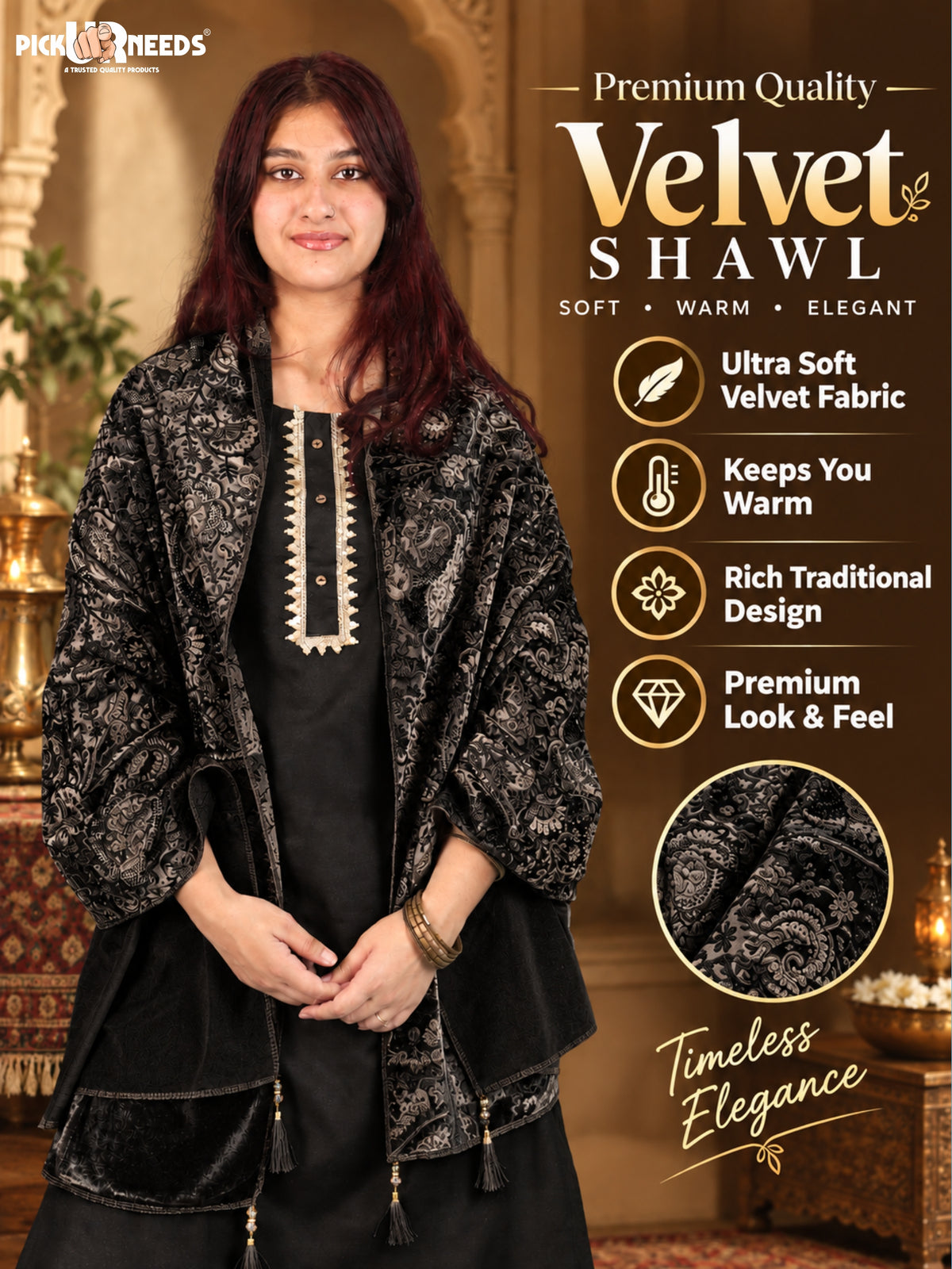 Pick Ur Needs Premium Winter Shawl for Women Ultra Soft & Cozy Warm Velvet Fabric with Rich Traditional Floral Design For Girls