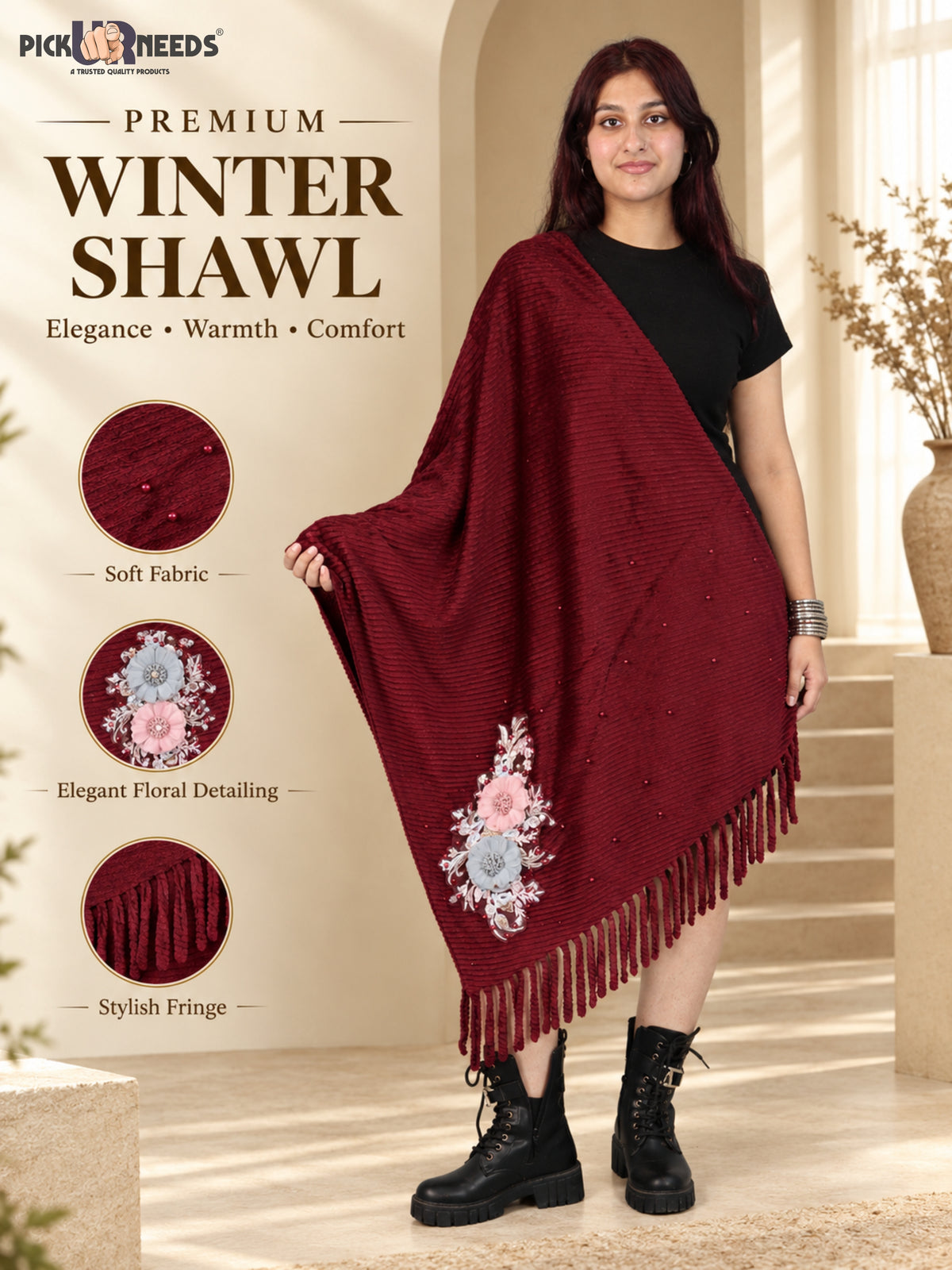 Pick Ur Needs Premium Floral Embroidered Winter Shawl Stole Soft Warm Wrap with Pearl Embellishments & Fringed Border For Girls & Womens