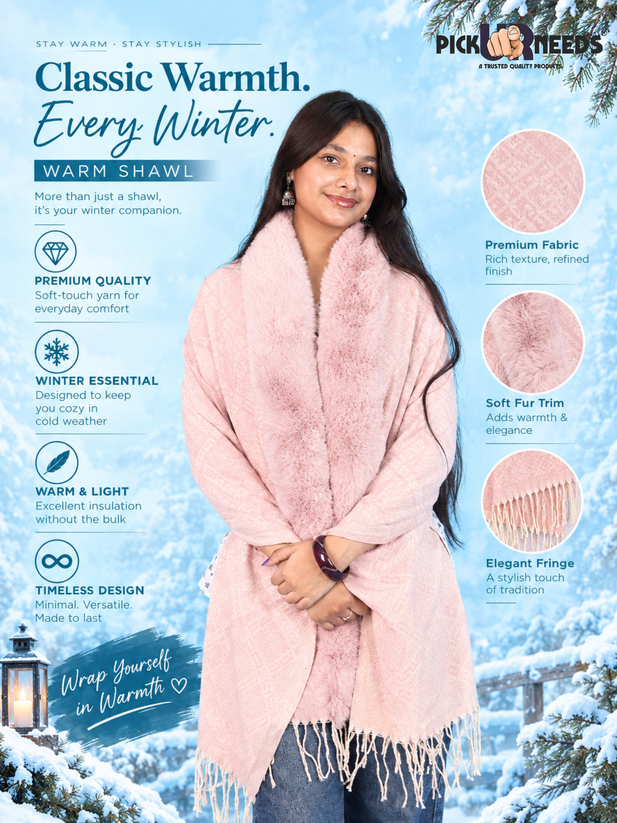 Pick Ur Needs Stylish Womens & Girls Winter Wear Shawl with Fur-Style Soft Warm Printed Wrap Stole with Fringes