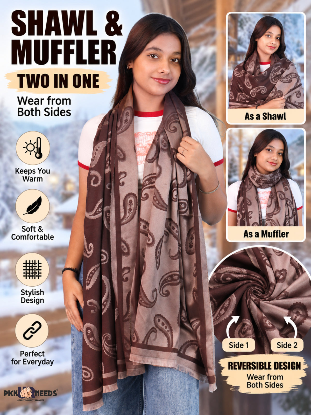 Pick Ur Needs Women & Girls Reversible 2 in 1 Woolen Muffler Soft Warm Dual Side Winter Scarf with Elegant Paisley Pattern