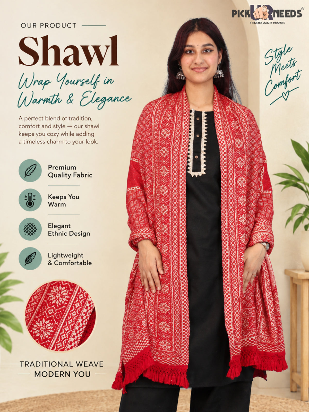 Pick Ur Needs Women & Girls Designer Shawl Stole with Elegant Woven Floral & Geometric Pattern, Soft Warm Winter Wrap with Fringed Border, Stylish Shoulder Scarf for Ladies