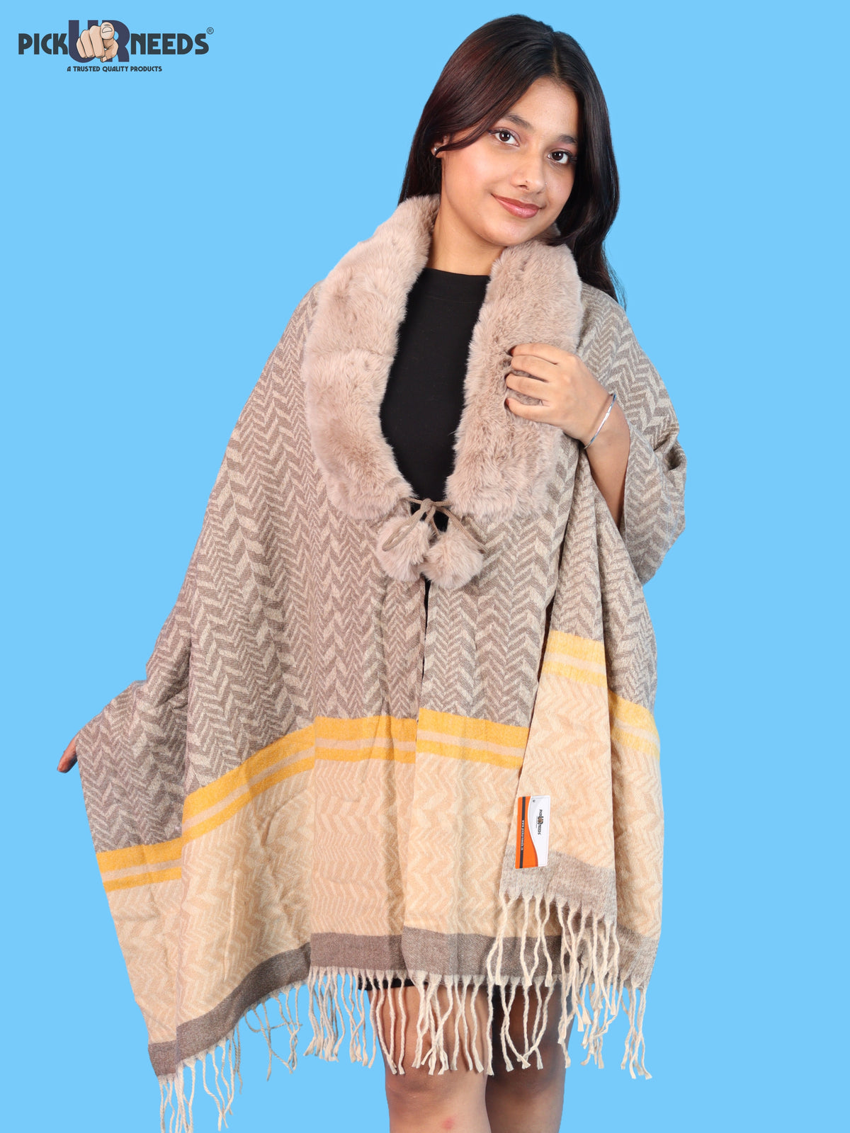 Pick Ur Needs Womens & Girls Designer Winter Shawl with Plush Fur Neckline & Patterned Border Soft Cozy Ladies Shoulder Wrap with Fringed Edges & Pom Pom Tassels