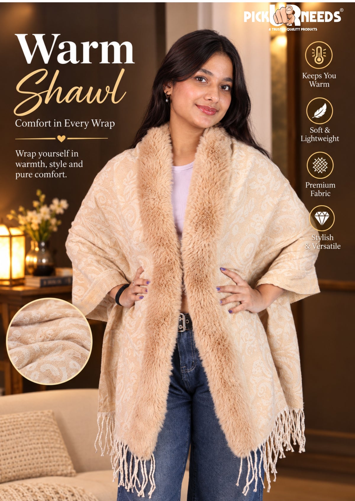 Pick Ur Needs Women’s  Floral Patterned Woolen Shawl with  Faux Fur Border