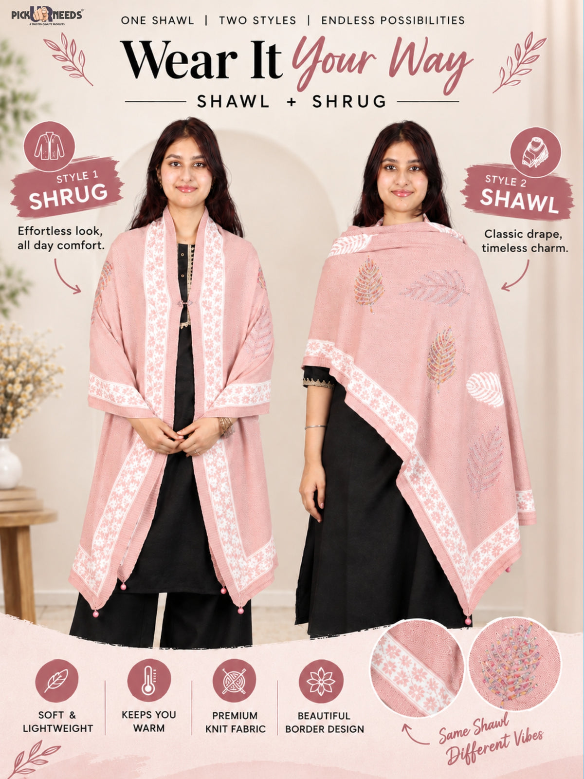 Pick Ur Needs Girls & Womens Winter Soft Lightweight Knitted Shawl with Leaf Design, Floral Border & Decorative Tassels