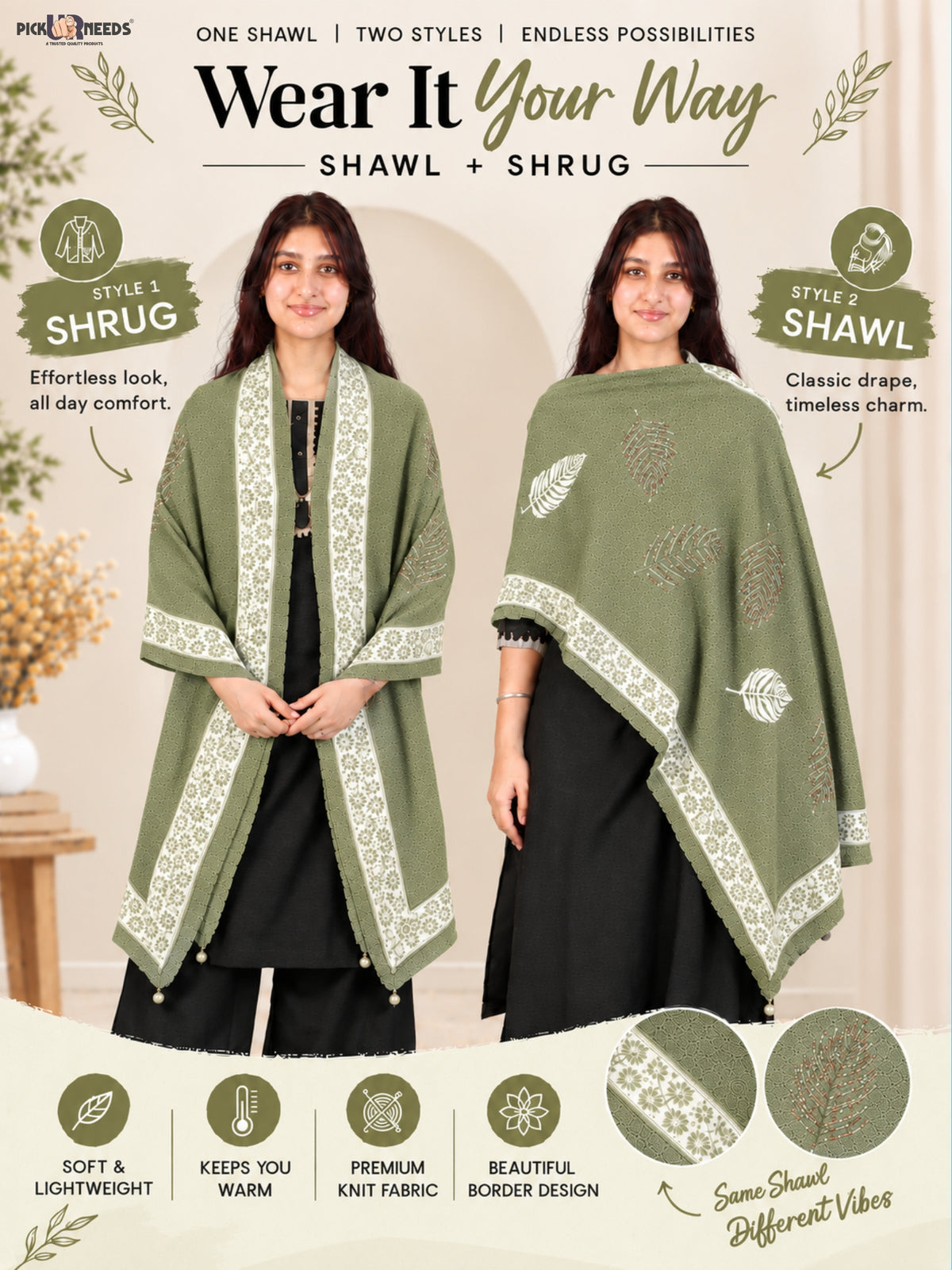Pick Ur Needs Girls & Womens Winter Soft Lightweight Knitted Shawl with Leaf Design, Floral Border & Decorative Tassels