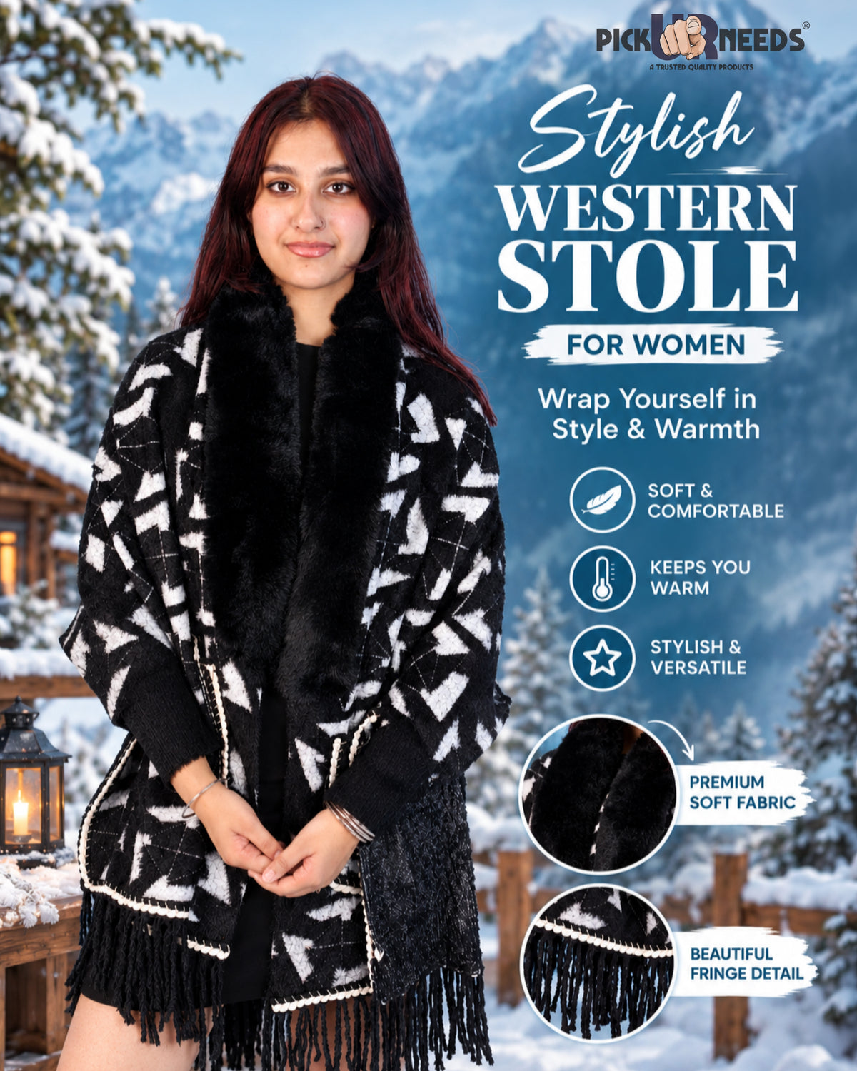 Pick Ur Needs Womens Warm Woolen Girls Shawl with Fur Collar, Elegant Printed Winter Wrap with Decorative Border & Tassel, Stylish Shoulder Stole for Wedding Party