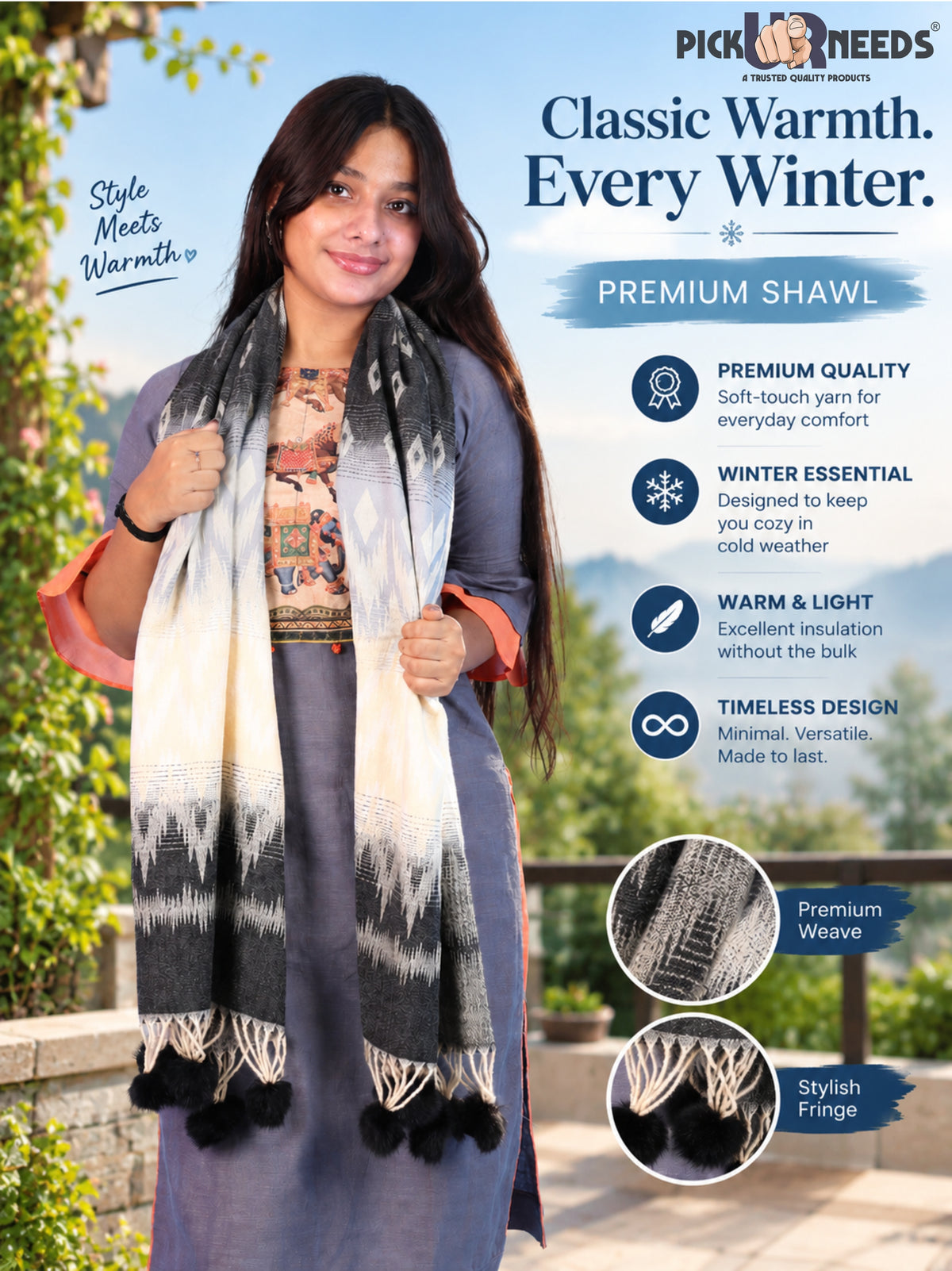 Pick Ur Needs Women Winter Shawl Soft Warm Geometric Printed Woolen Style Stole with Pom Pom Tassels Stylish Long Wrap Muffler for Women & Girls