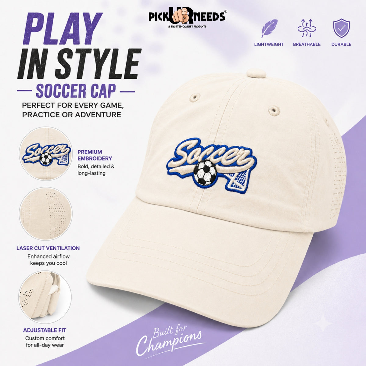 Pick Ur Needs Soccer Embroidered Performance Baseball Cap for Kids & Teens – Breathable Sun Protection Sports Hat, Adjustable Lightweight Soccer Caps