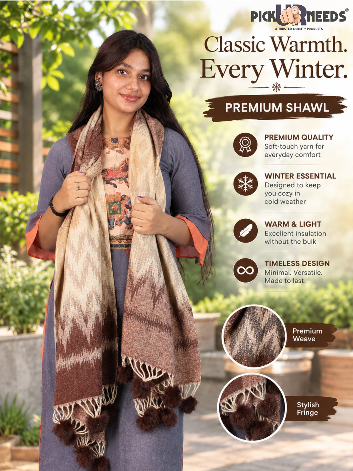 Pick Ur Needs Women Winter Shawl Soft Warm Geometric Printed Woolen Style Stole with Pom Pom Tassels Stylish Long Wrap Muffler for Women & Girls