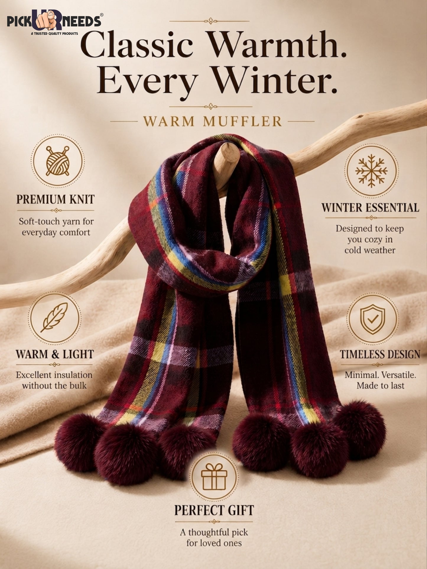 Pick Ur Needs Women’s Winter Scarf for Stylish & Comfortable Girls Wear Soft Warm Printed Muffler with Fringe & Pom Pom Detailing