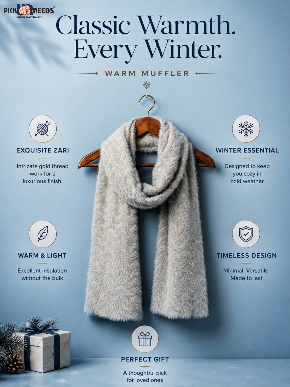 Pick Ur Needs Premium Woolen Winter Muffler with Gold Zigzag Pattern | Soft, Warm & Stylish Scarf for Women
