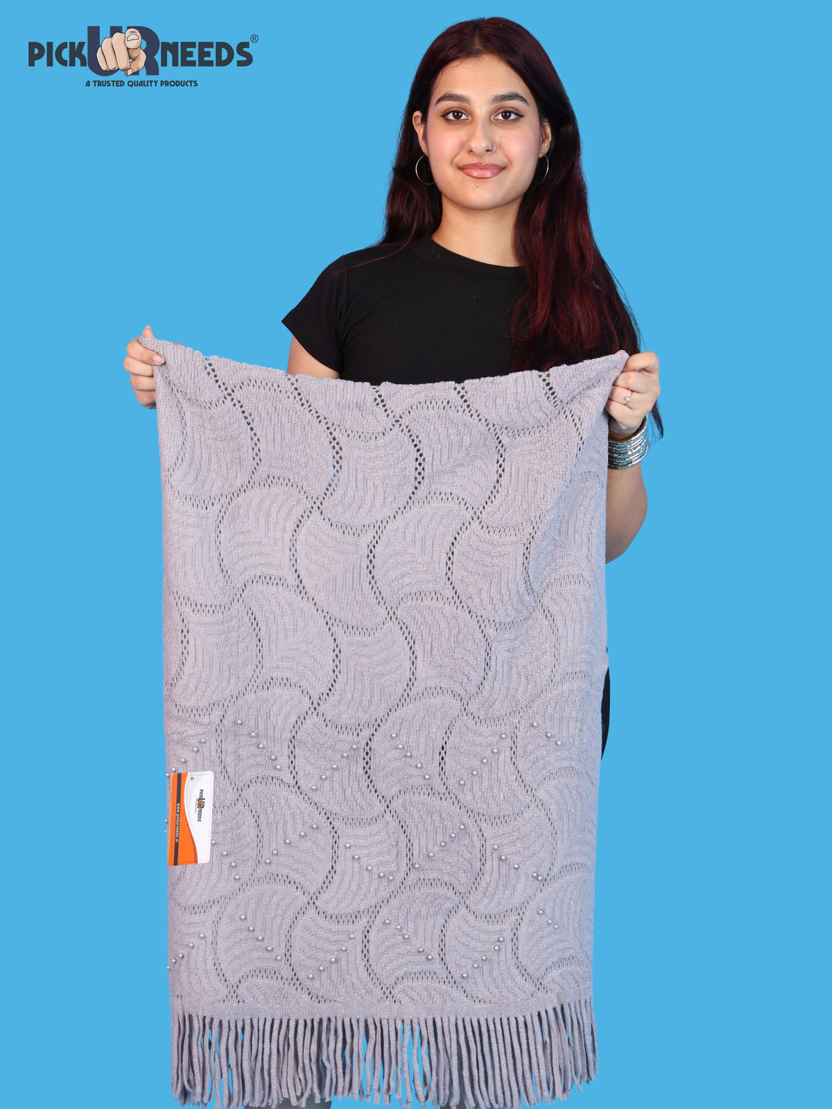 Pick Ur Needs Women & Girls Winter Warm Woolen Muffler with Pearl Work & Fringes – Soft Stylish Wrap