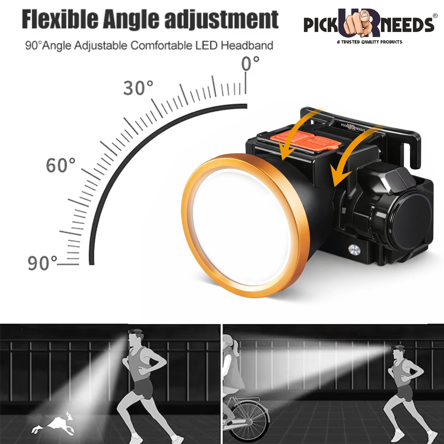 Pick Ur Needs 50W Rechargeable Emergency LED Headlamp Torch | 1200mAh Battery | 3 Light Modes | Long Range White Light | 4H Backup | Type C Charging Head Light for Camping, Fishing & Hiking