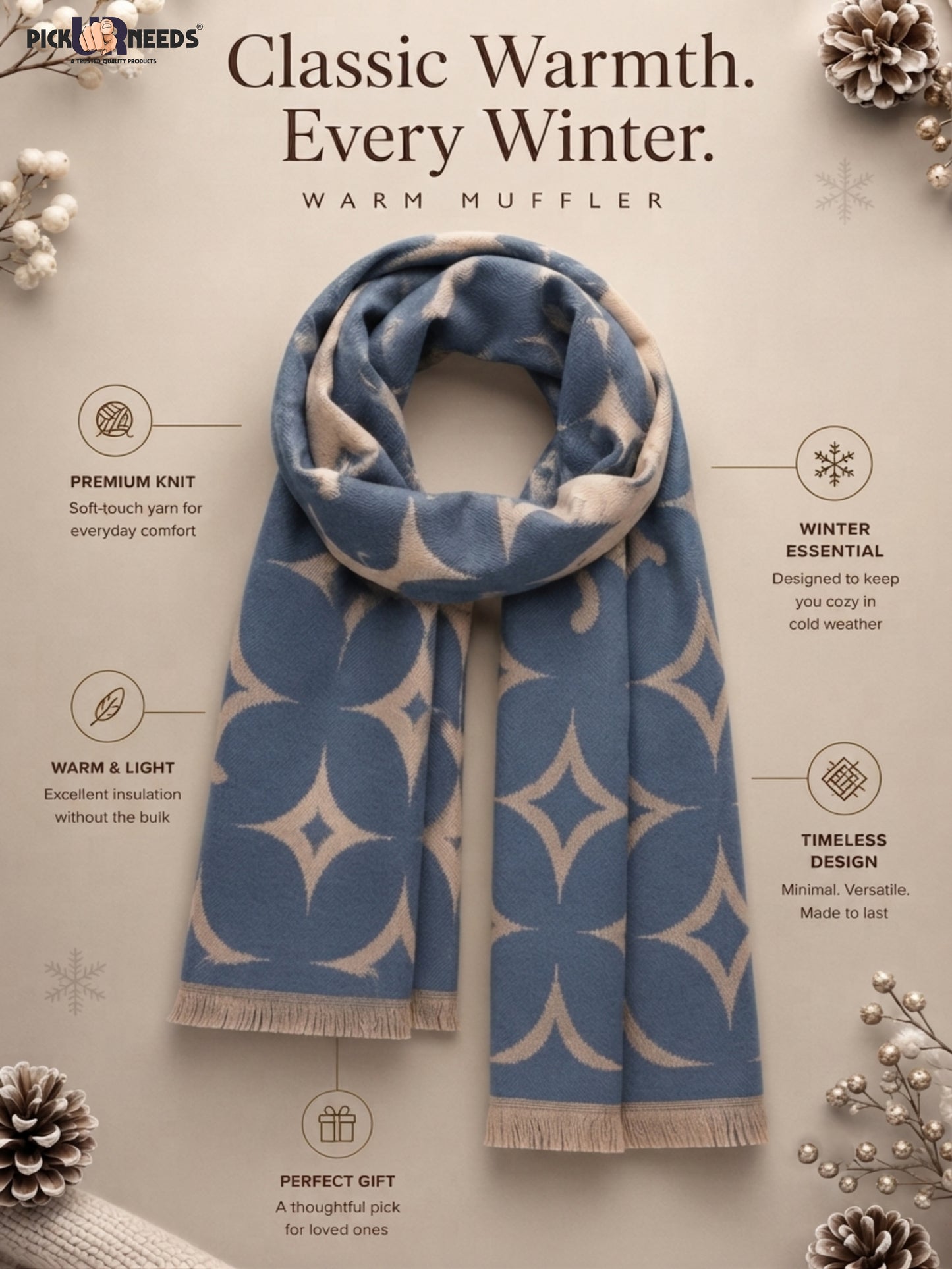 Pick Ur Needs Mens 2-in-1 Reversible Shawl Stylish Printed Winter Shawl for Boys Soft Warm Woolen Stole Premium Large Winter Wrap