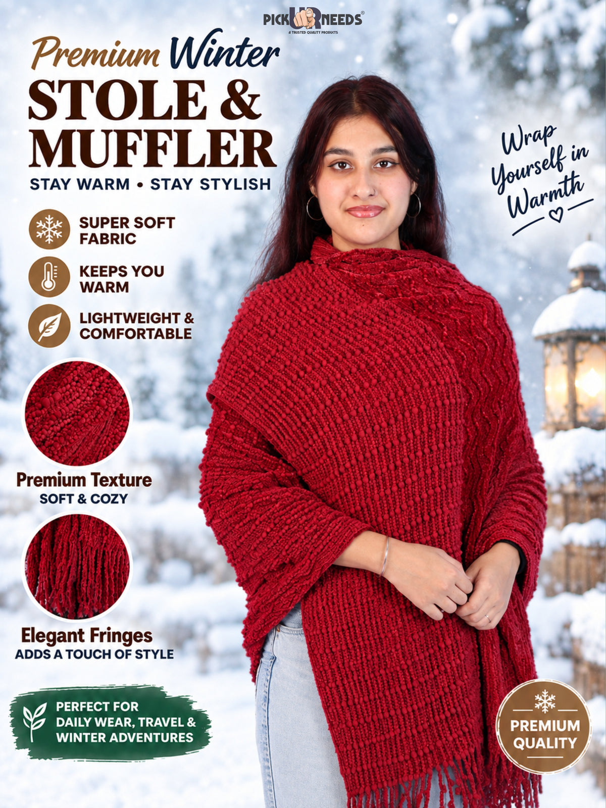 Pick Ur Needs Premium Winter Stole & Muffler for Women Soft Woven Textured Wrap with Elegant Fringes Warm Shawl