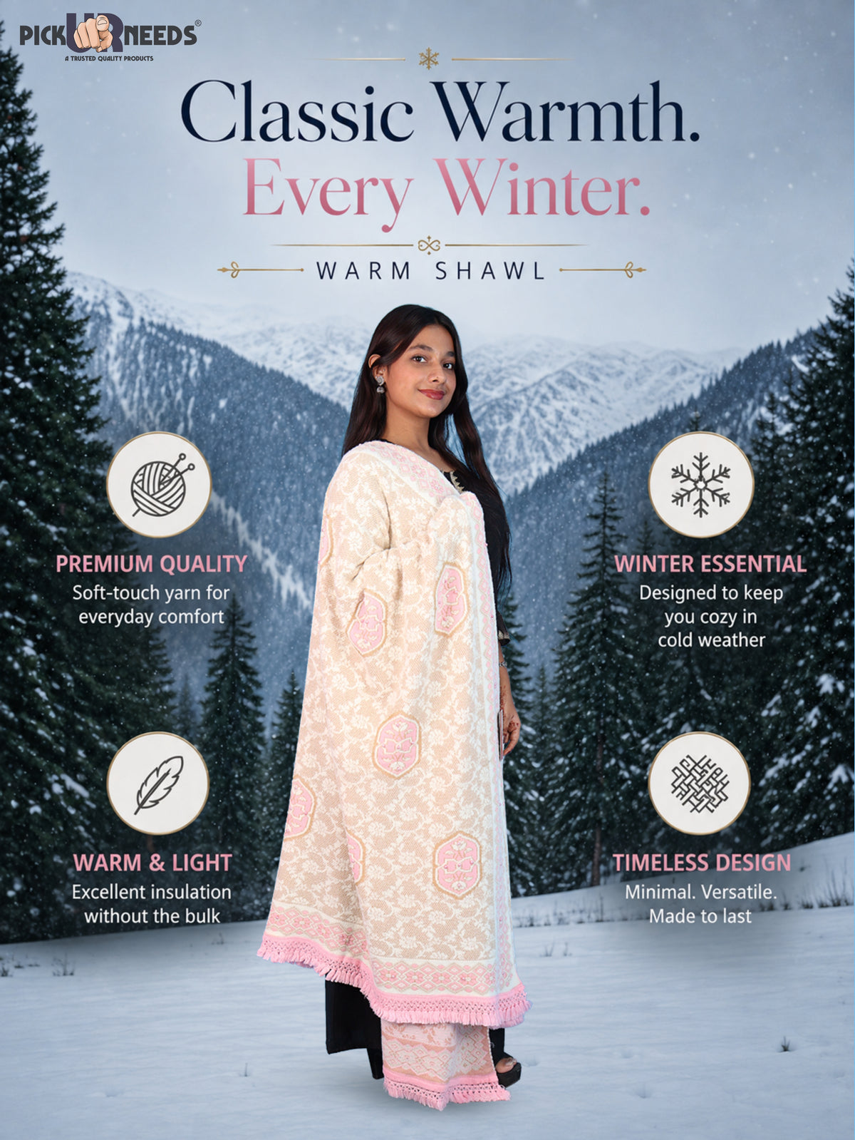 Pick Ur Needs Printed Women’s Woolen Shawl with Elegant Floral Pattern & Fur Border