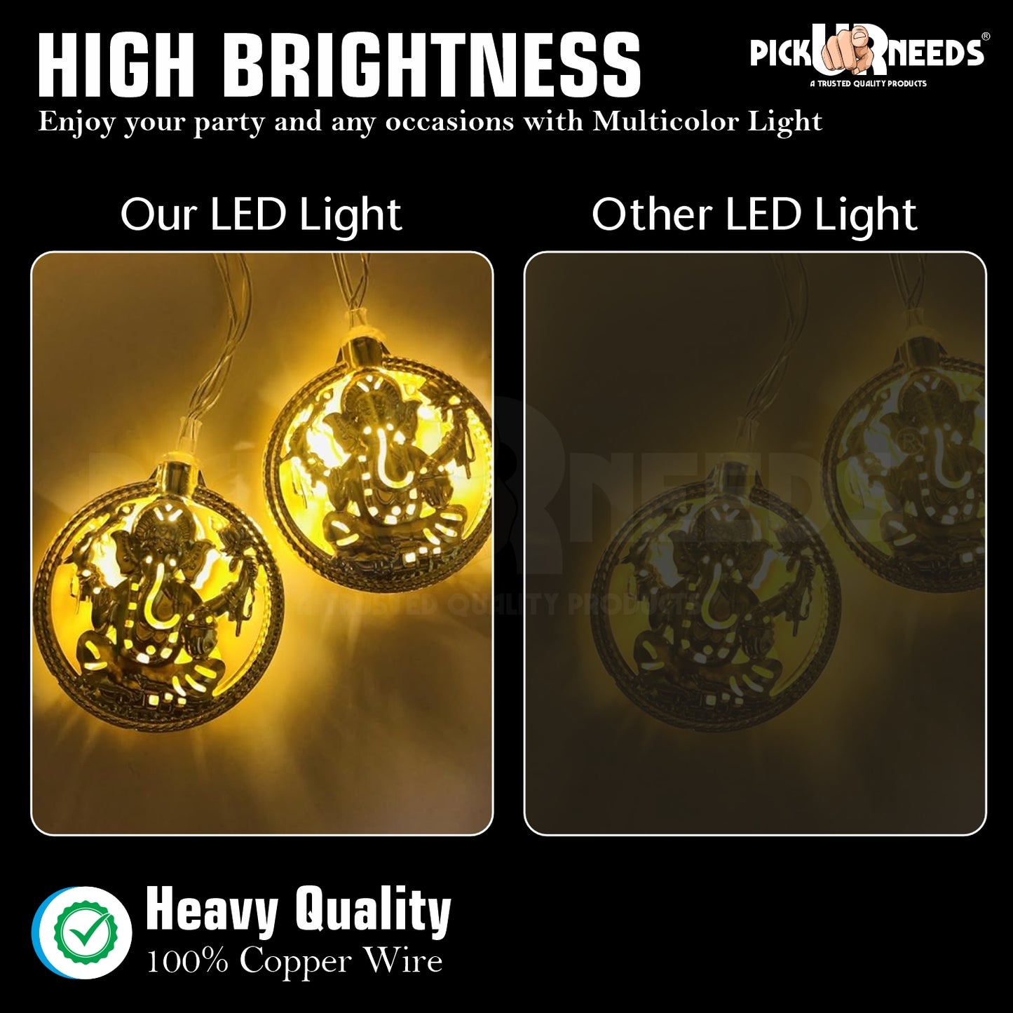 Pick Ur Needs Ganesh Ji Diwali String Metal Hanging Lights, Warm White Round 3D Curtain Lights for Window, Wall, Door, Party, Festival Décor, Home Office Decoration