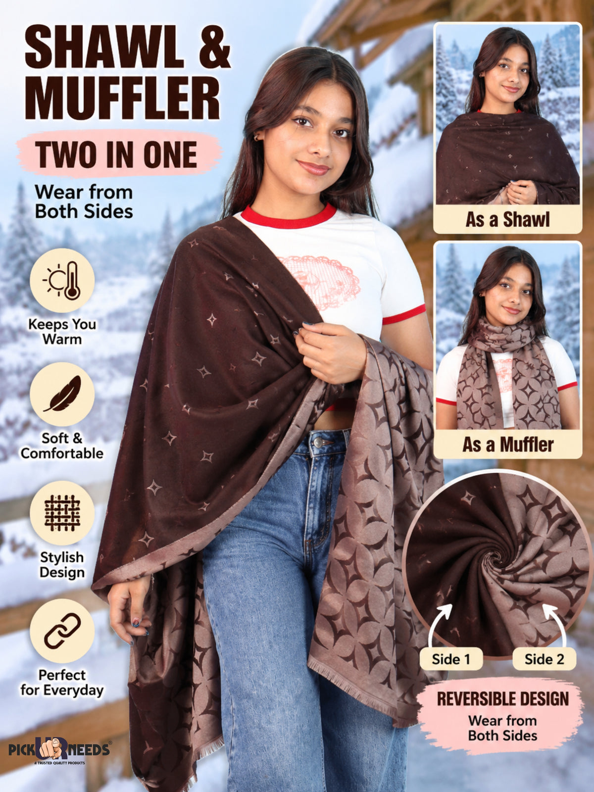Pick Ur Needs Premium Womens 2-in-1 Reversible Shawl Stylish Printed Winter Shawls for Girls Soft Warm Woolen Stole