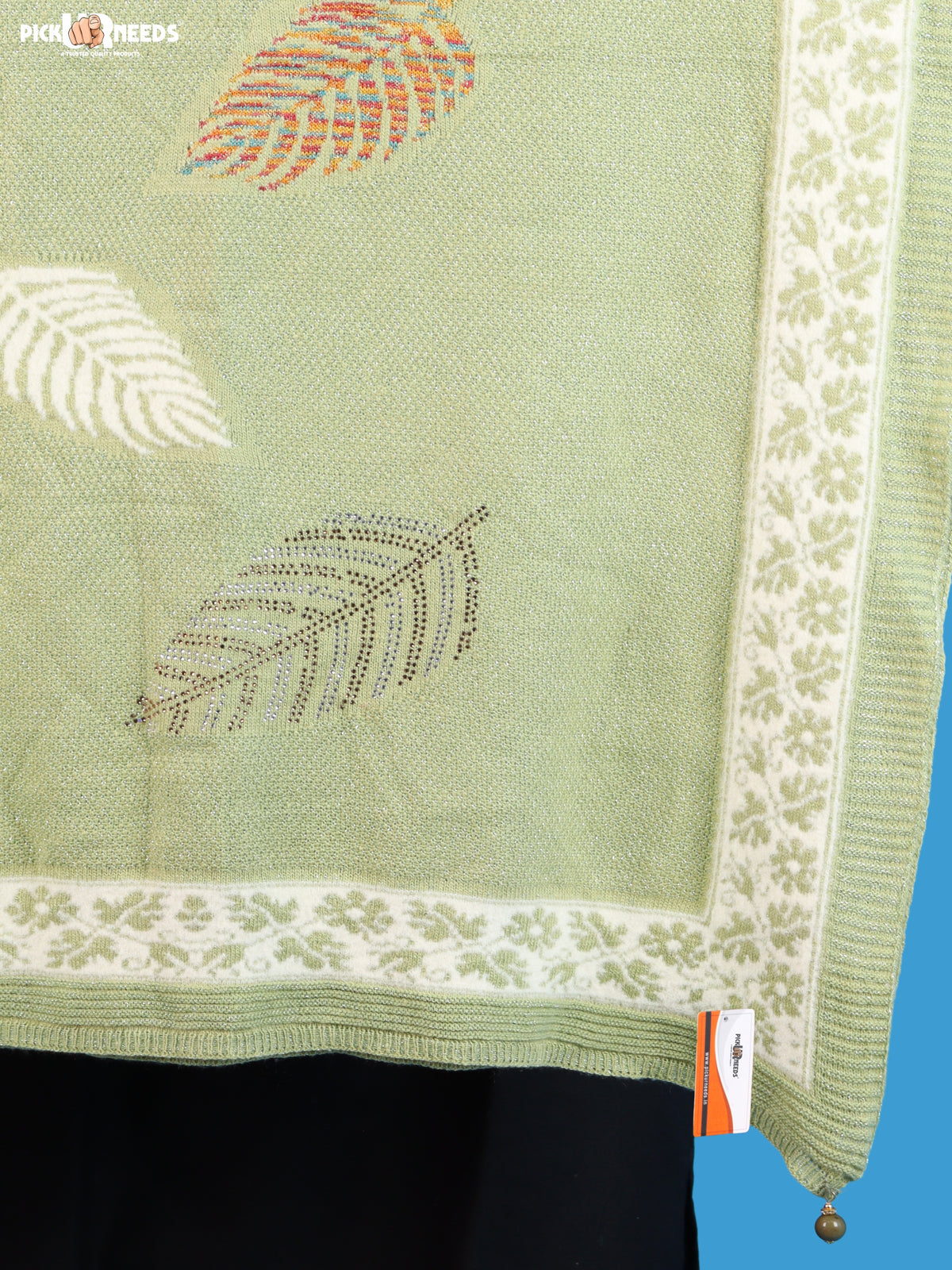 Pick Ur Needs Girls & Womens Winter Soft Lightweight Knitted Shawl with Leaf Design, Floral Border & Decorative Tassels