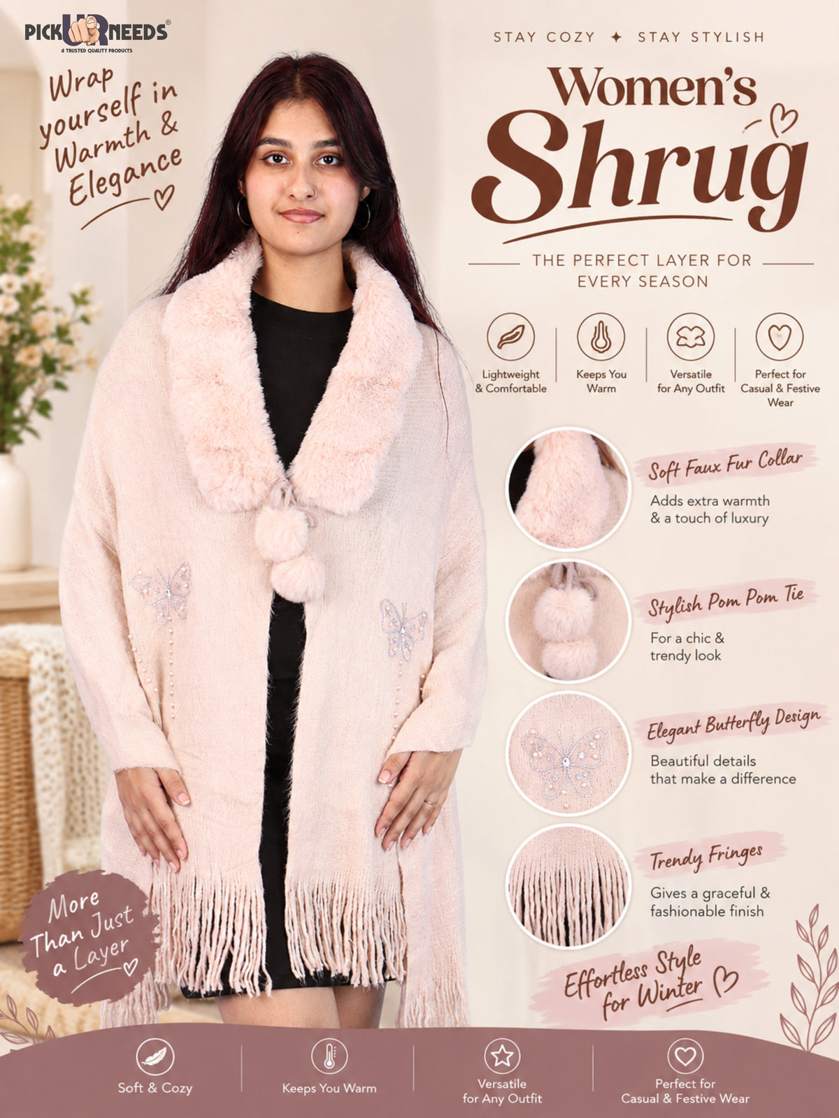 Pick Ur Needs Womens Faux Fur Collar Shrug with Pom Pom Tie Shawl Elegant Fringed Winter Wrap for Women & Girls