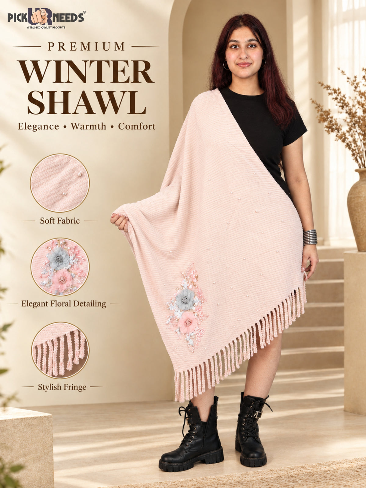 Pick Ur Needs Premium Floral Embroidered Winter Shawl Stole Soft Warm Wrap with Pearl Embellishments & Fringed Border For Girls & Womens