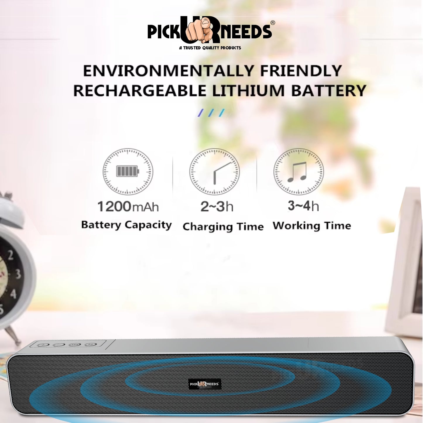 Pick Ur Needs 10W Portable Rechargeable Bluetooth Speaker with 1200mAh Battery – 4 Hours Playtime, Fm Radio/AUX/USB/TF Card Support, Wireless Soundbar