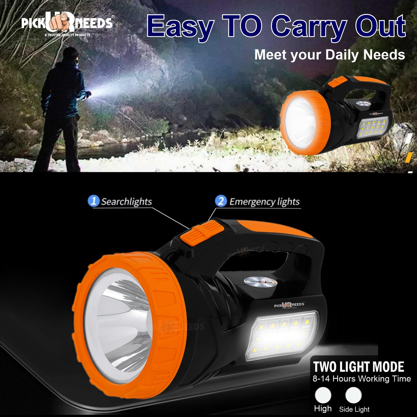 Pick Ur Needs 50W Emergency Long Range Rechargeable Search Laser with 15 SMD Bright 8 hrs Torch Emergency Light (Orange, Black)