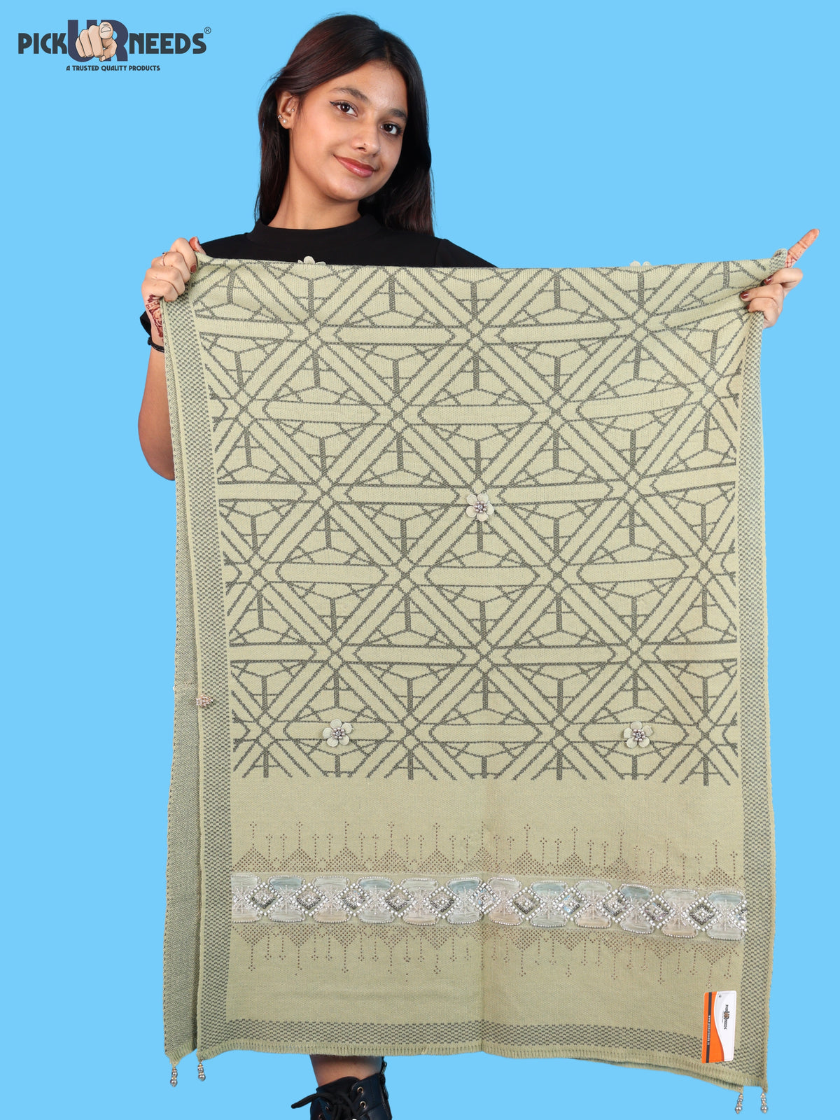 Pick Ur Needs Womens Soft Woolen Winter Girls Shawl with Elegant Geometric Design & Floral Embellishments Lightweight Warm Comfortable Ladies Shawl