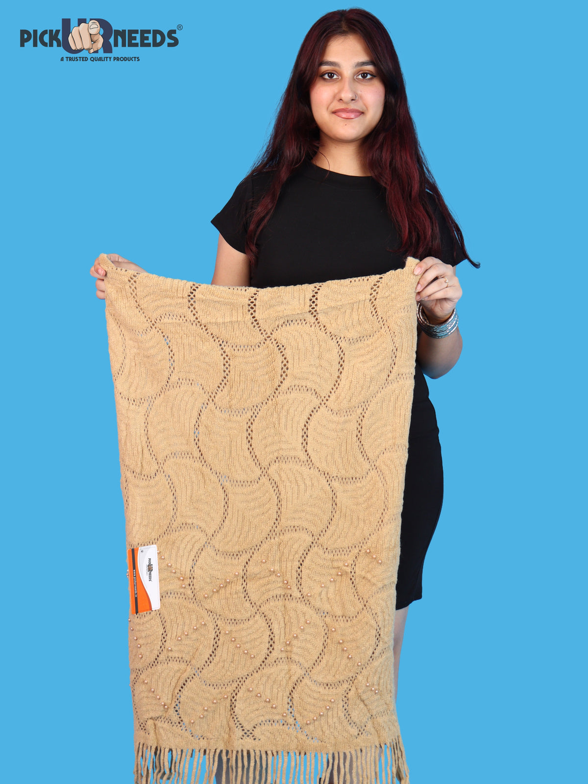 Pick Ur Needs Women & Girls Winter Warm Woolen Muffler with Pearl Work & Fringes – Soft Stylish Wrap