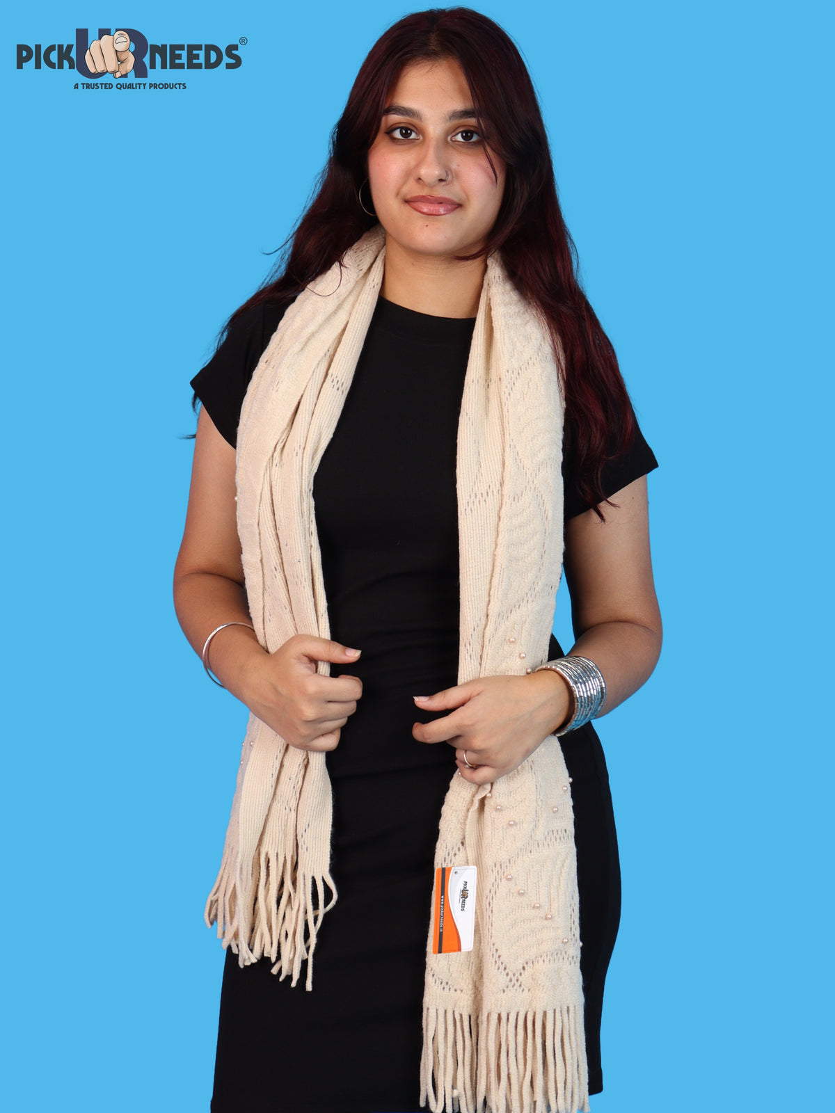 Pick Ur Needs Women & Girls Winter Warm Woolen Muffler with Pearl Work & Fringes – Soft Stylish Wrap