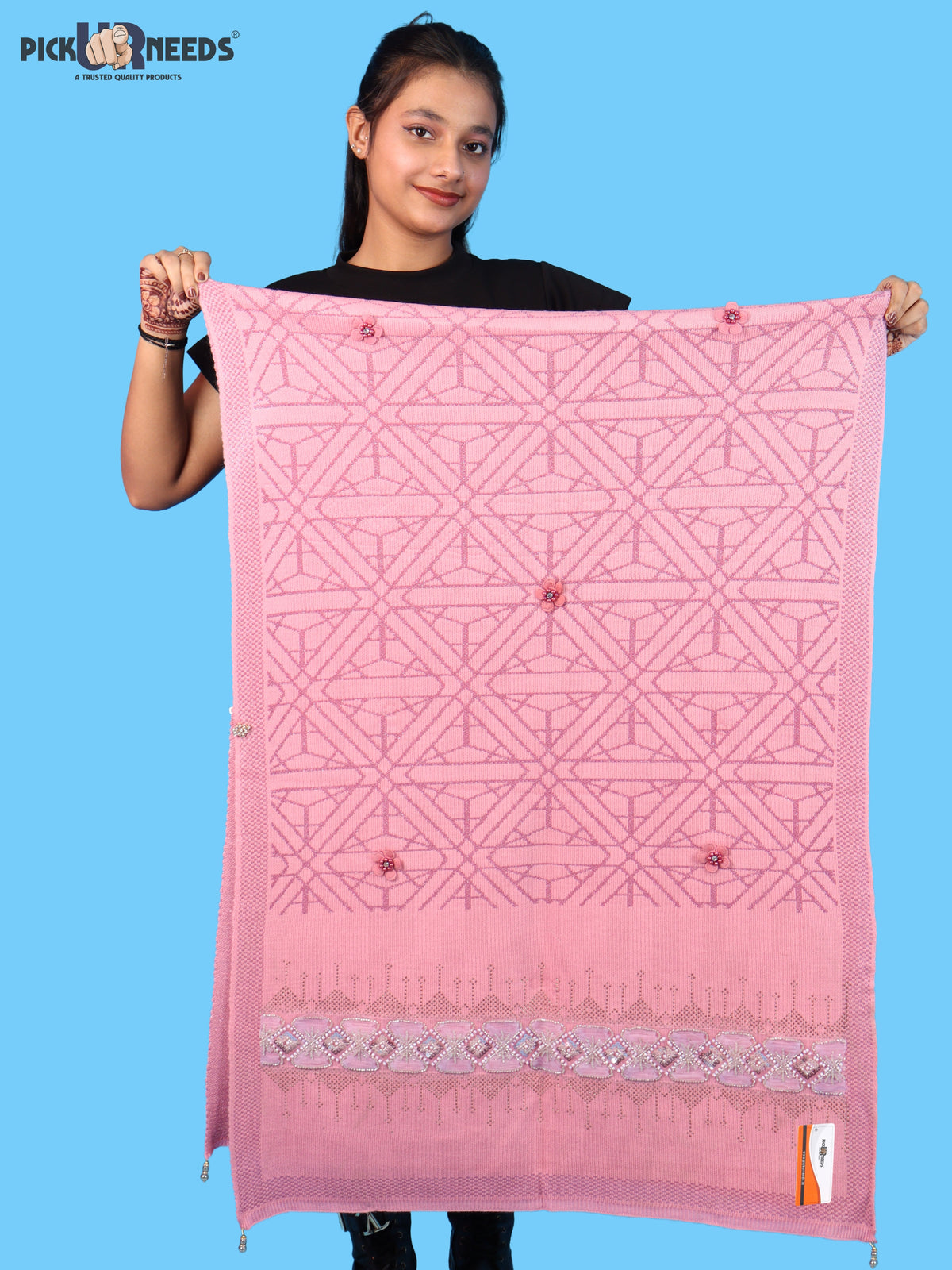 Pick Ur Needs Womens Soft Woolen Winter Girls Shawl with Elegant Geometric Design & Floral Embellishments Lightweight Warm Comfortable Ladies Shawl