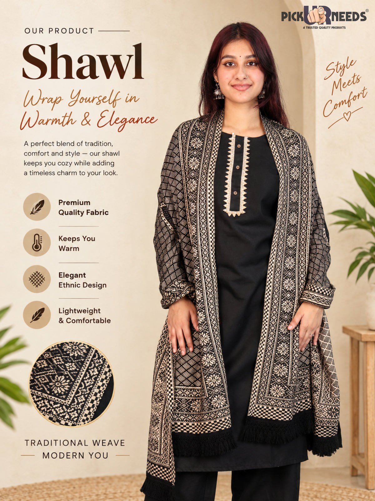 Pick Ur Needs Women & Girls Designer Shawl Stole with Elegant Woven Floral & Geometric Pattern, Soft Warm Winter Wrap with Fringed Border, Stylish Shoulder Scarf for Ladies