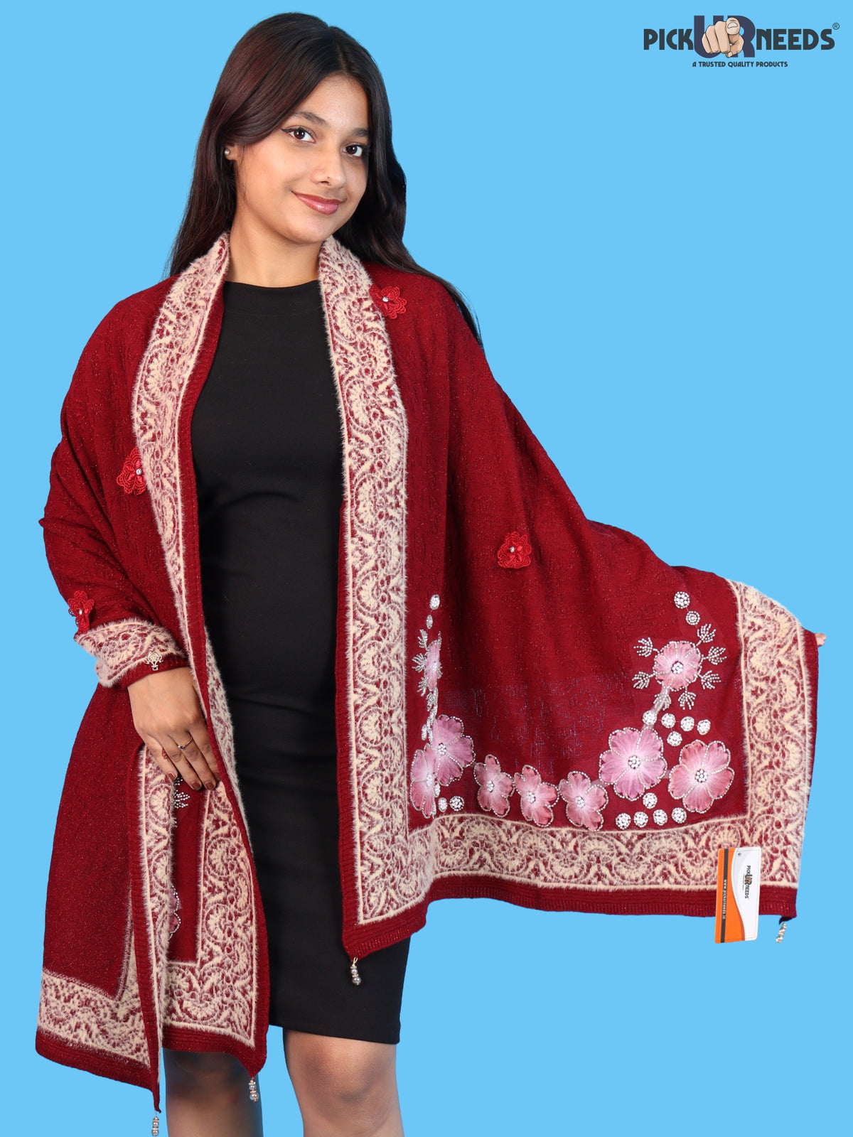 Pick Ur Needs Winter Woolen Womens Open Front Stylish Shrug with Elegant Floral Embroidery & Designer Border Soft Warm for Ladies & Girls