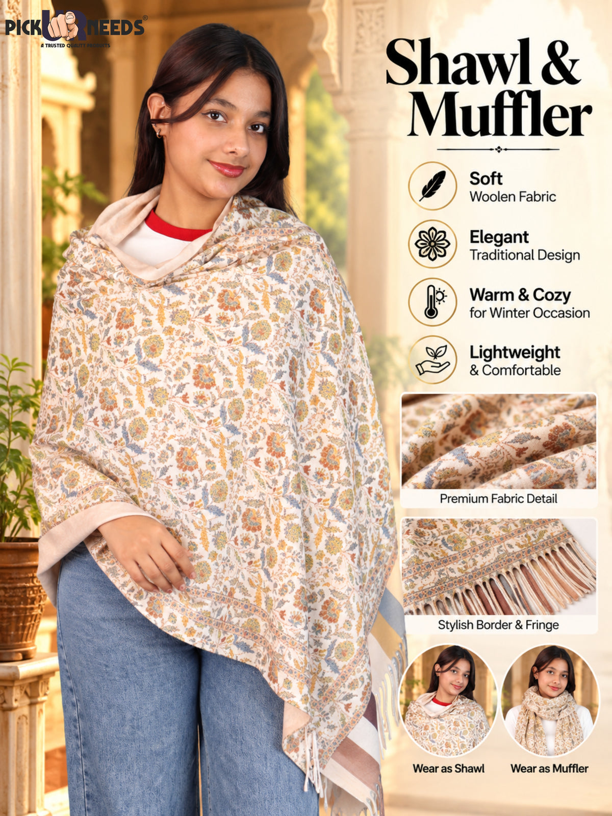 Pick Ur Needs Women & Girls Soft Woolen Shawl Elegant Floral Design Winter Neck Scarf with Decorative Border & Fringes