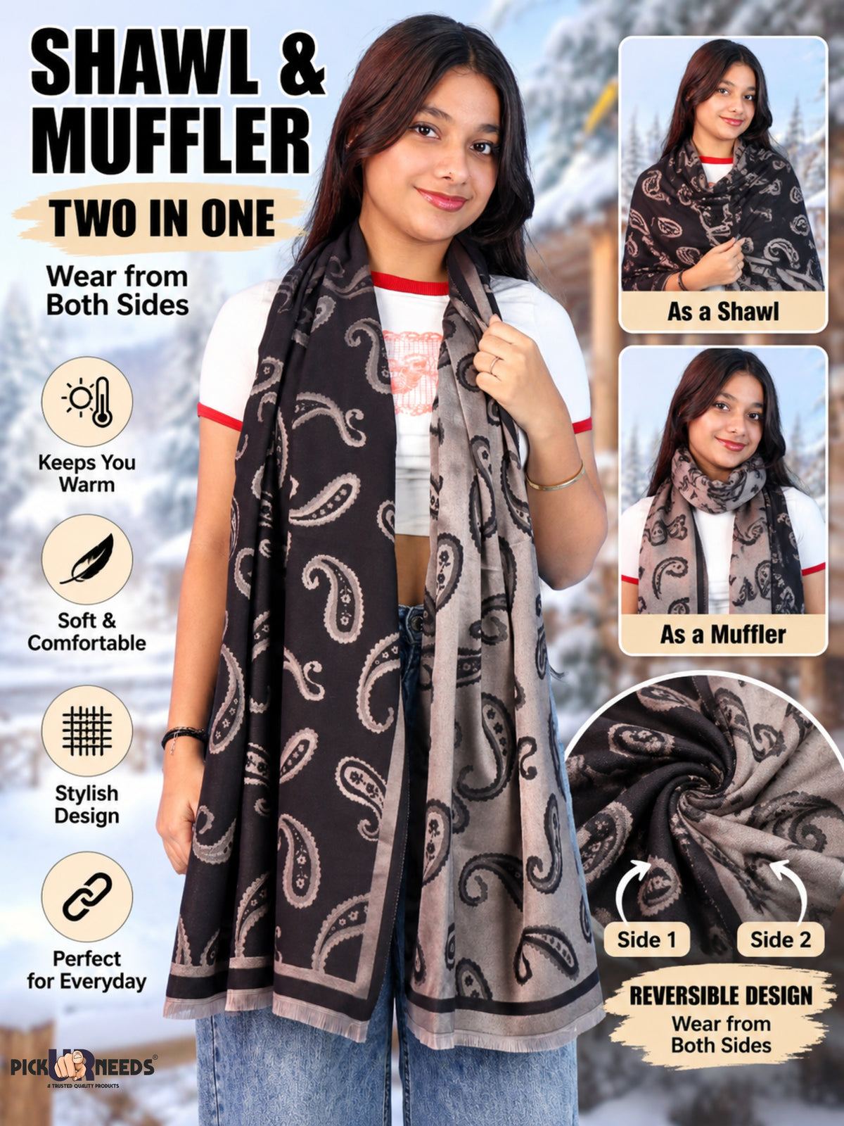 Pick Ur Needs Women & Girls Reversible 2 in 1 Woolen Muffler Soft Warm Dual Side Winter Scarf with Elegant Paisley Pattern