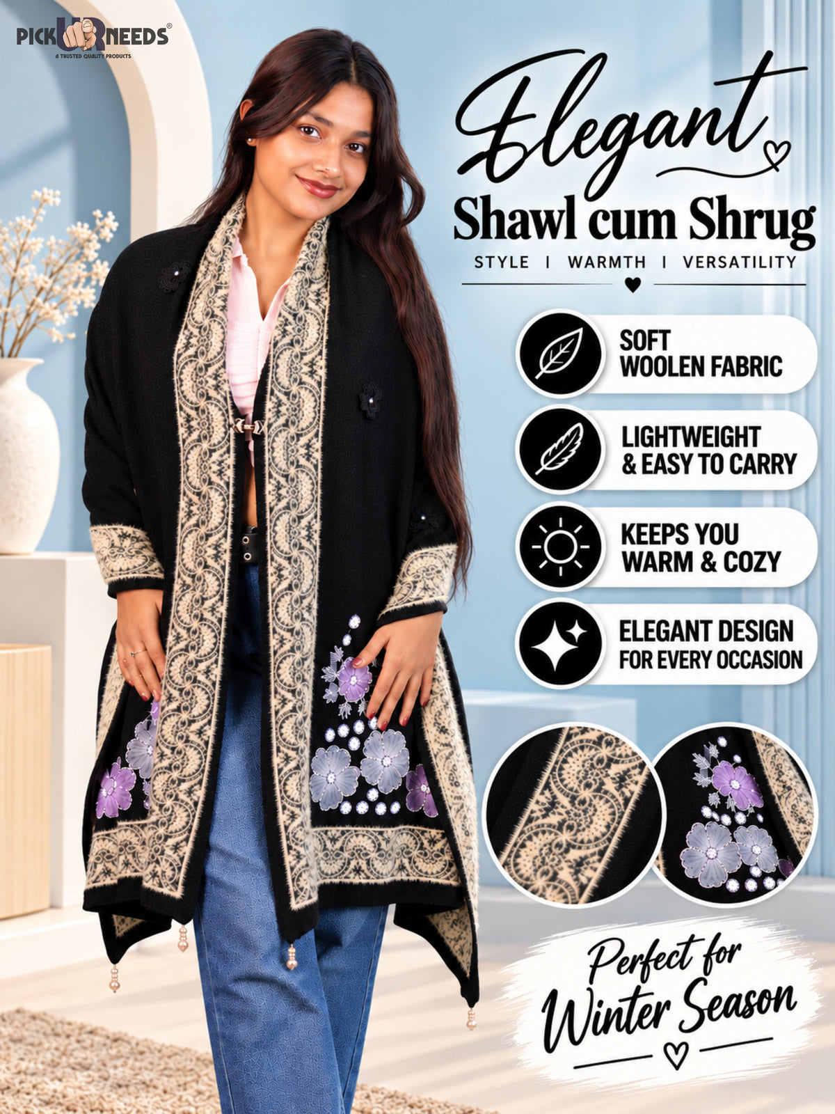 Pick Ur Needs Winter Woolen Womens Open Front Stylish Shrug with Elegant Floral Embroidery & Designer Border Soft Warm for Ladies & Girls