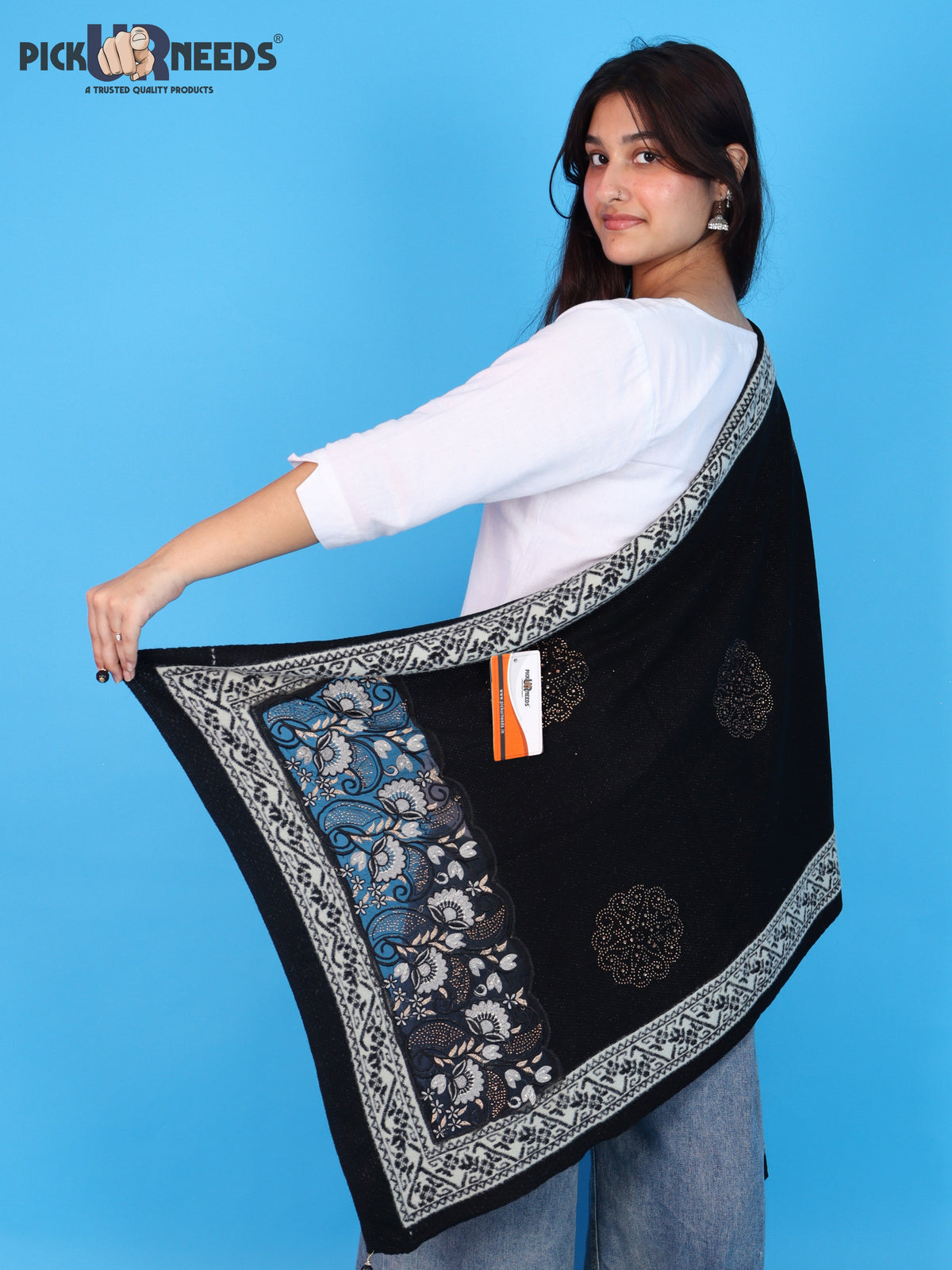 Pick Ur Needs Women Winter Shawl with Net Work Border Shrug & Poncho Style Elegant Winter Wear for Party