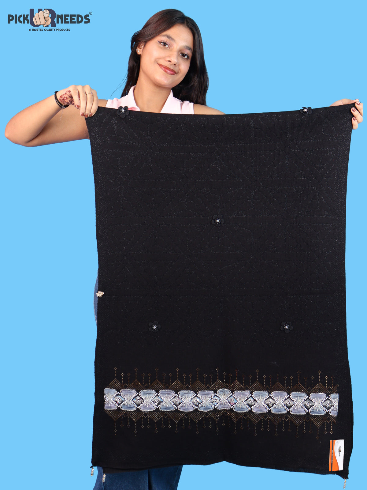 Pick Ur Needs Womens Soft Woolen Winter Girls Shawl with Elegant Geometric Design & Floral Embellishments Lightweight Warm Comfortable Ladies Shawl