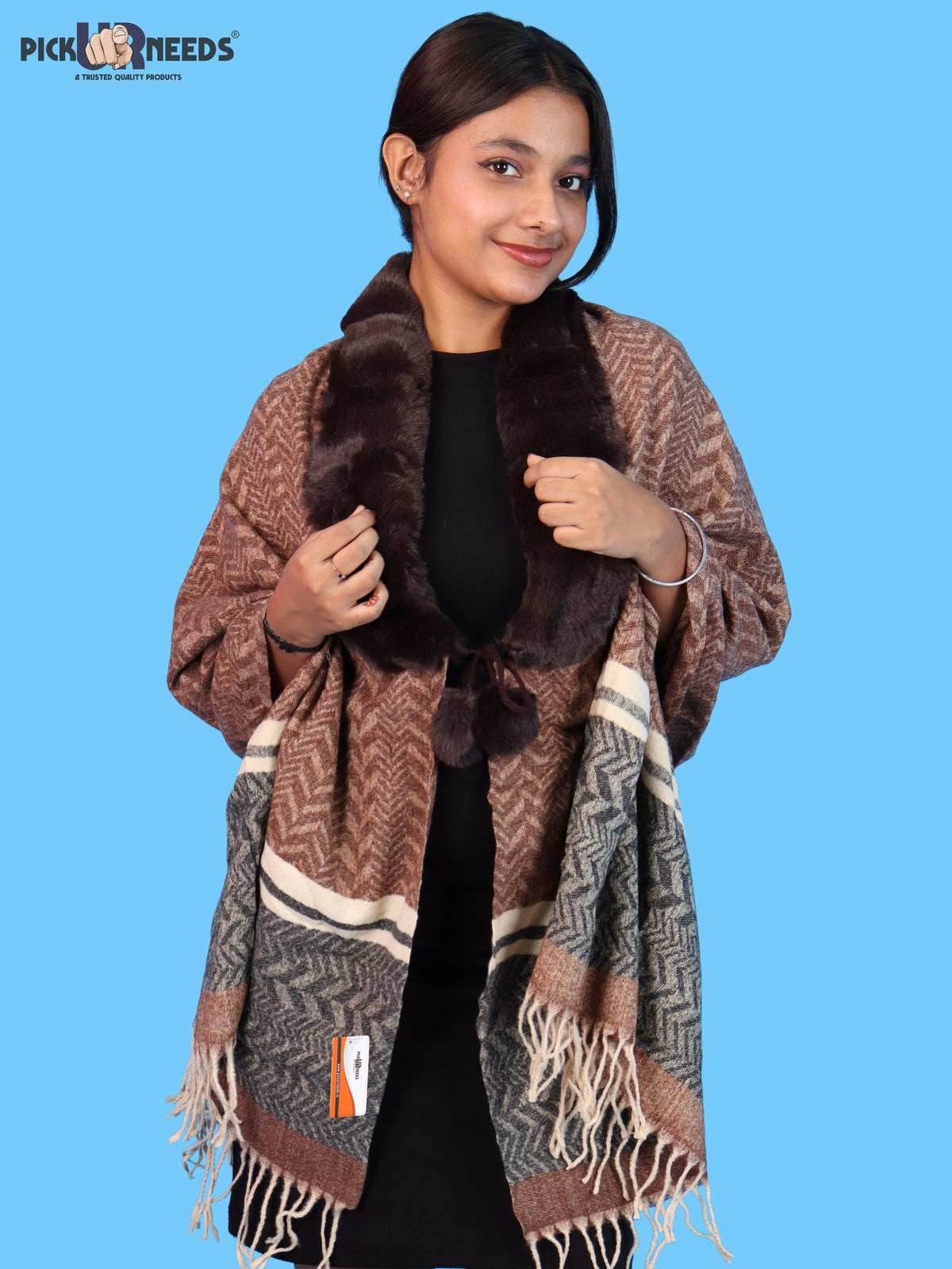 Pick Ur Needs Womens & Girls Designer Winter Shawl with Plush Fur Neckline & Patterned Border Soft Cozy Ladies Shoulder Wrap with Fringed Edges & Pom Pom Tassels