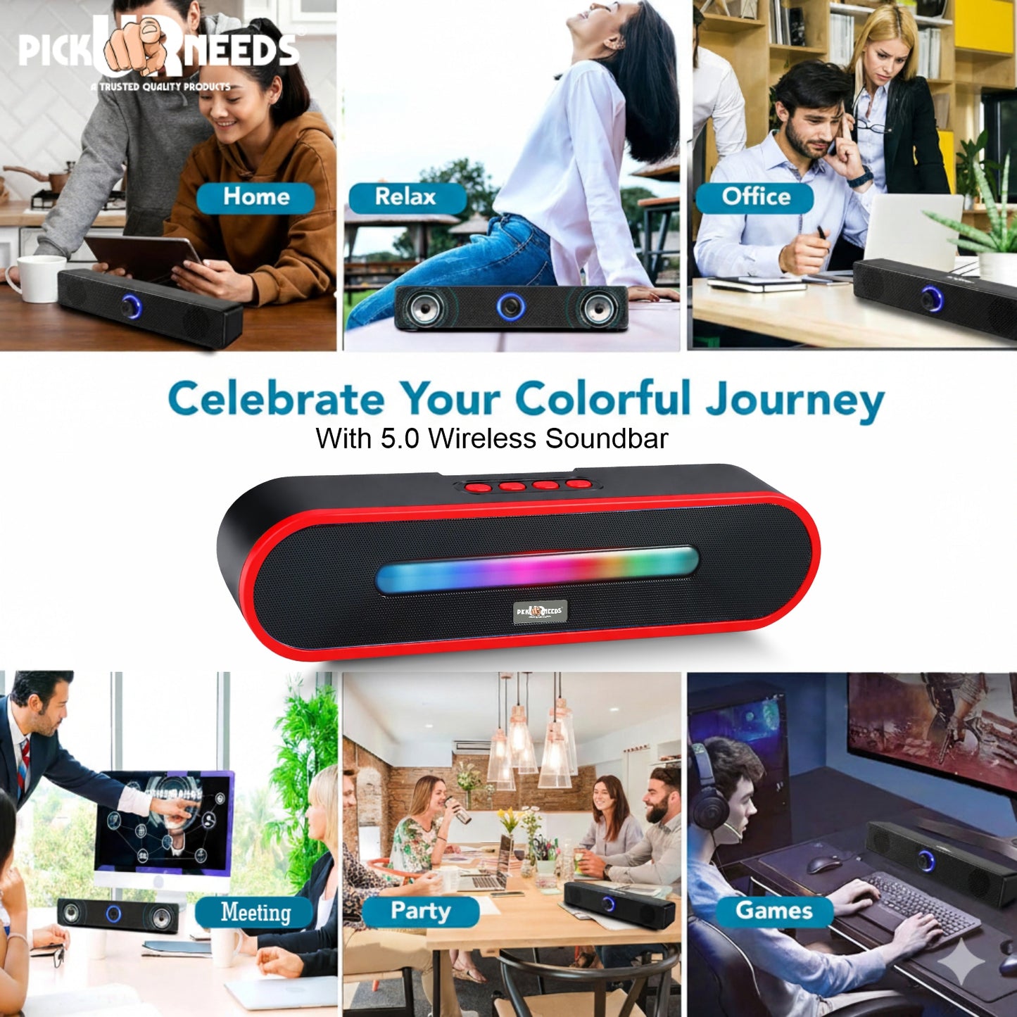 Pick Ur Needs Portable Bluetooth Speaker 1800mAh with RGB LED Lights | Wireless Speaker with USB, TF Card & AUX | Deep Bass Sound Bar for Home & Outdoor
