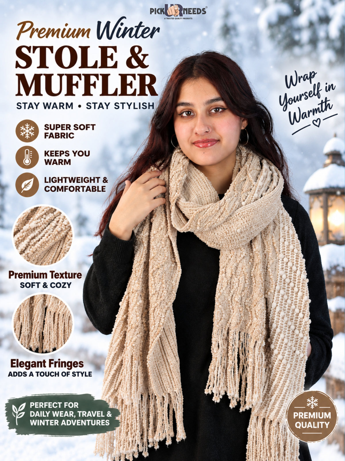 Pick Ur Needs Premium Winter Stole & Muffler for Women Soft Woven Textured Wrap with Elegant Fringes Warm Shawl