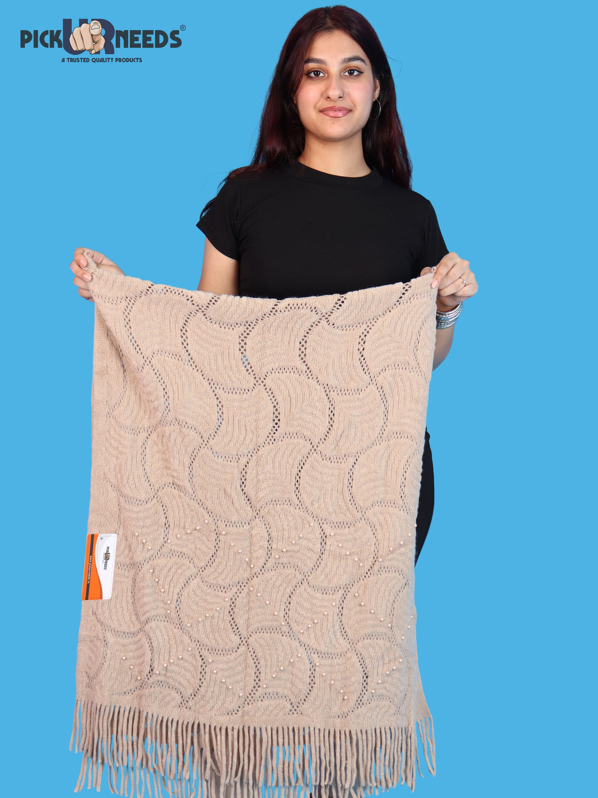 Pick Ur Needs Women & Girls Winter Warm Woolen Muffler with Pearl Work & Fringes – Soft Stylish Wrap