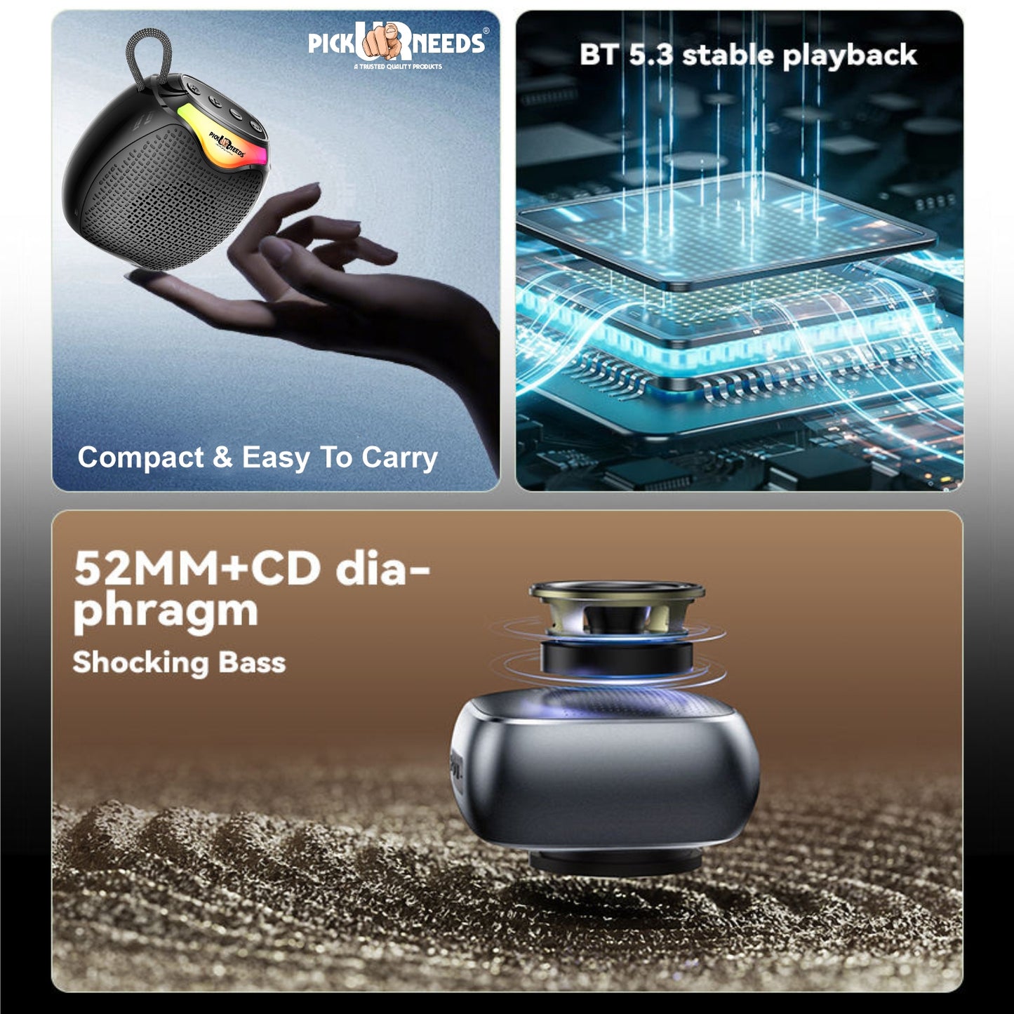 Pick Ur Needs 12W Portable Wireless Bluetooth Speaker with RGB Lights, 800mAh Battery, TWS, FM Radio, TF Card, USB 10m Wireless Transmission