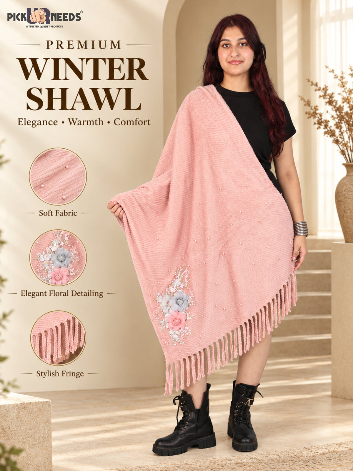 Pick Ur Needs Premium Floral Embroidered Winter Shawl Stole Soft Warm Wrap with Pearl Embellishments & Fringed Border For Girls & Womens