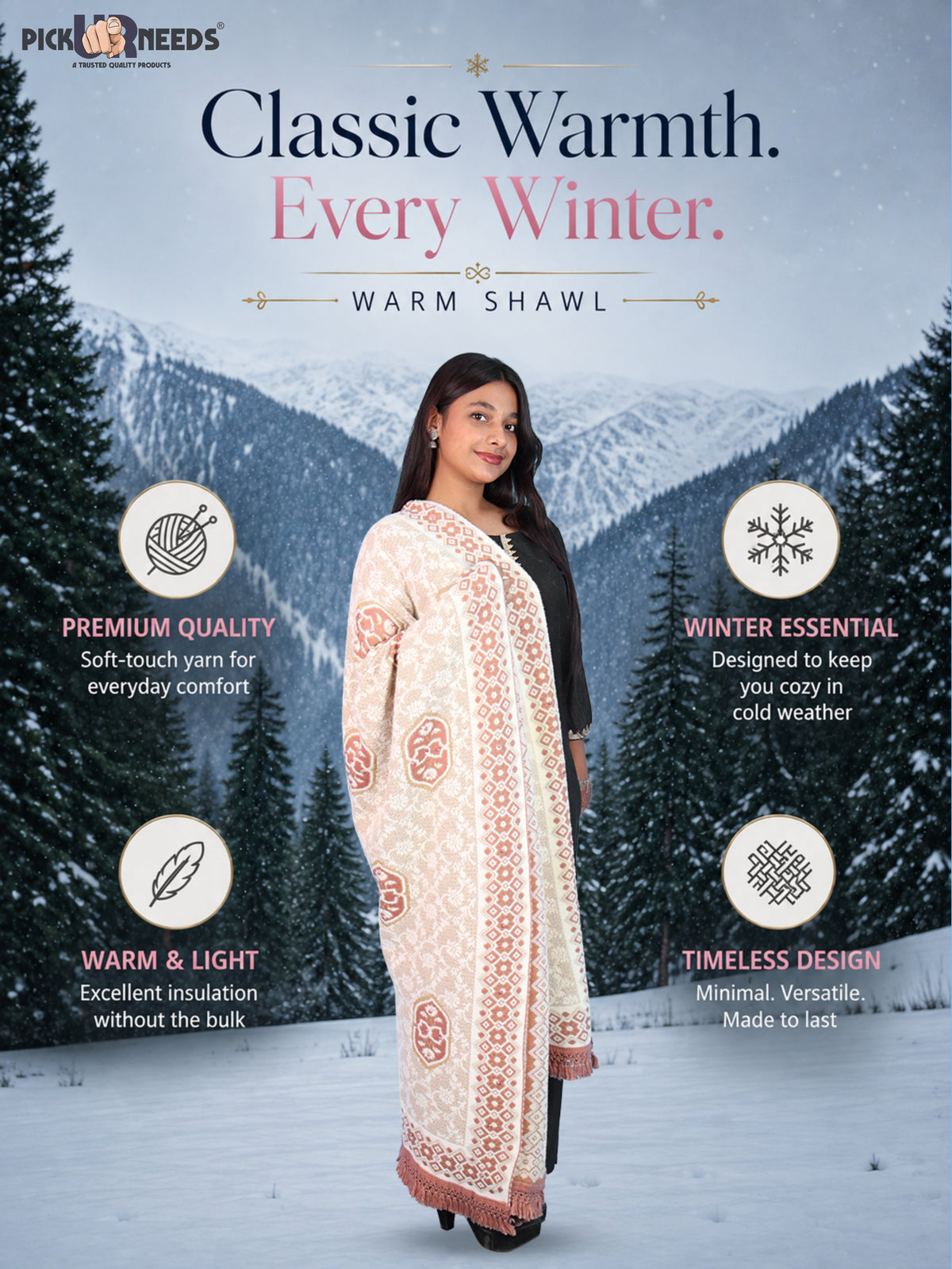 Pick Ur Needs Printed Women’s Woolen Shawl with Elegant Floral Pattern & Fur Border