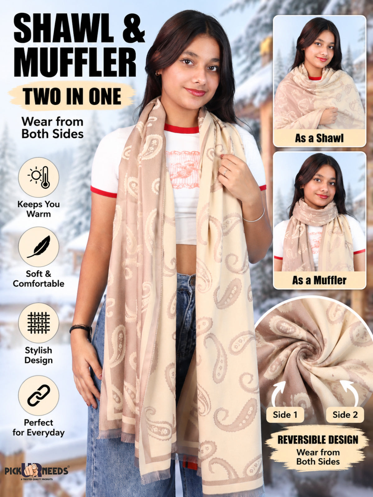 Pick Ur Needs Women & Girls Reversible 2 in 1 Woolen Muffler Soft Warm Dual Side Winter Scarf with Elegant Paisley Pattern