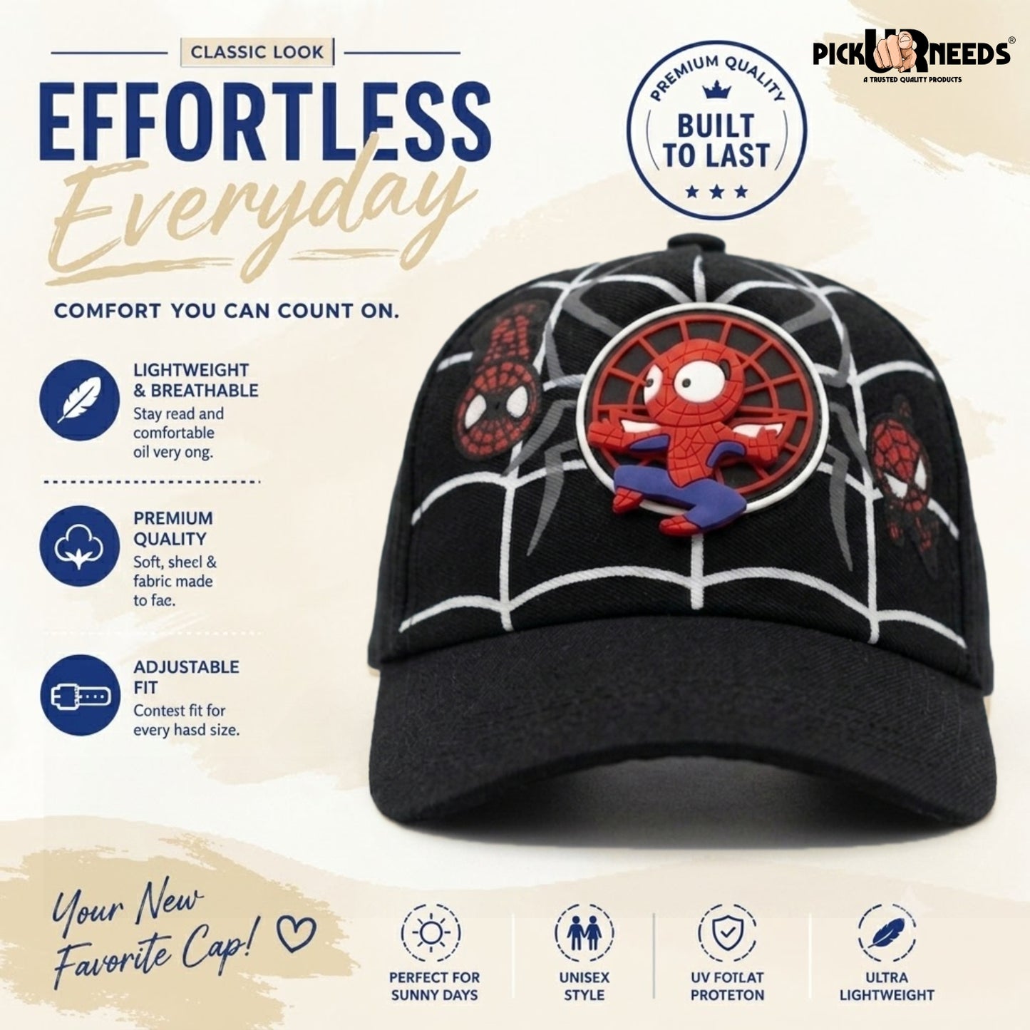 Pick Ur Needs Kids Spider Design Baseball Cap for Boys & Girls Adjustable Strap Summer Sun Protection Hat