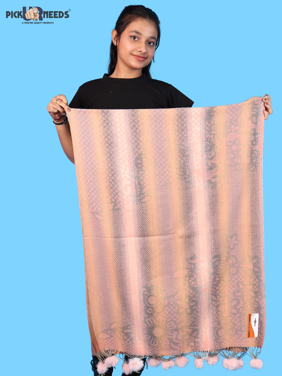 Pick Ur Needs Soft Woolen Designer Winter Shawl with Beautiful Floral Pattern & Pom Pom Tassels For Girls & Womens