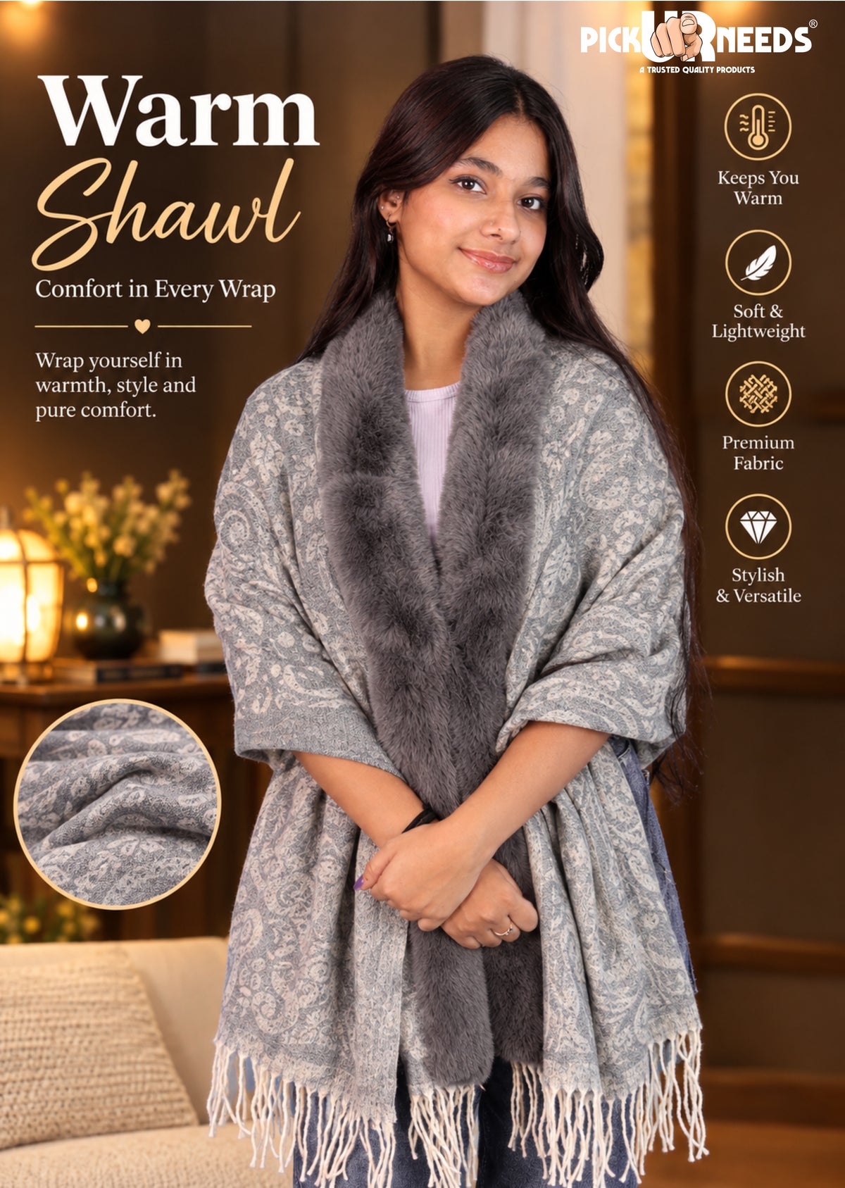 Pick Ur Needs Women’s  Floral Patterned Woolen Shawl with  Faux Fur Border